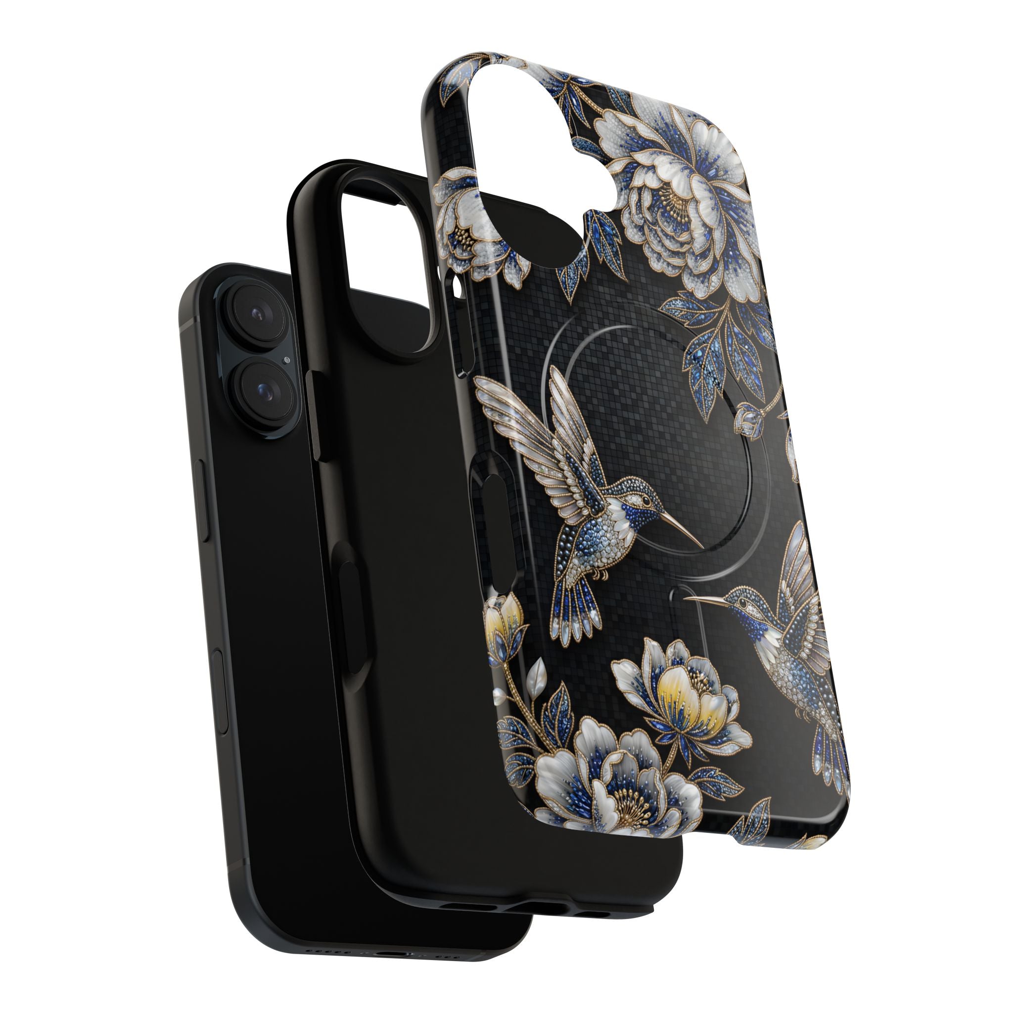 Hummingbird & Peony Floral MagSafe iPhone Case | Elegant Black Protective Cover