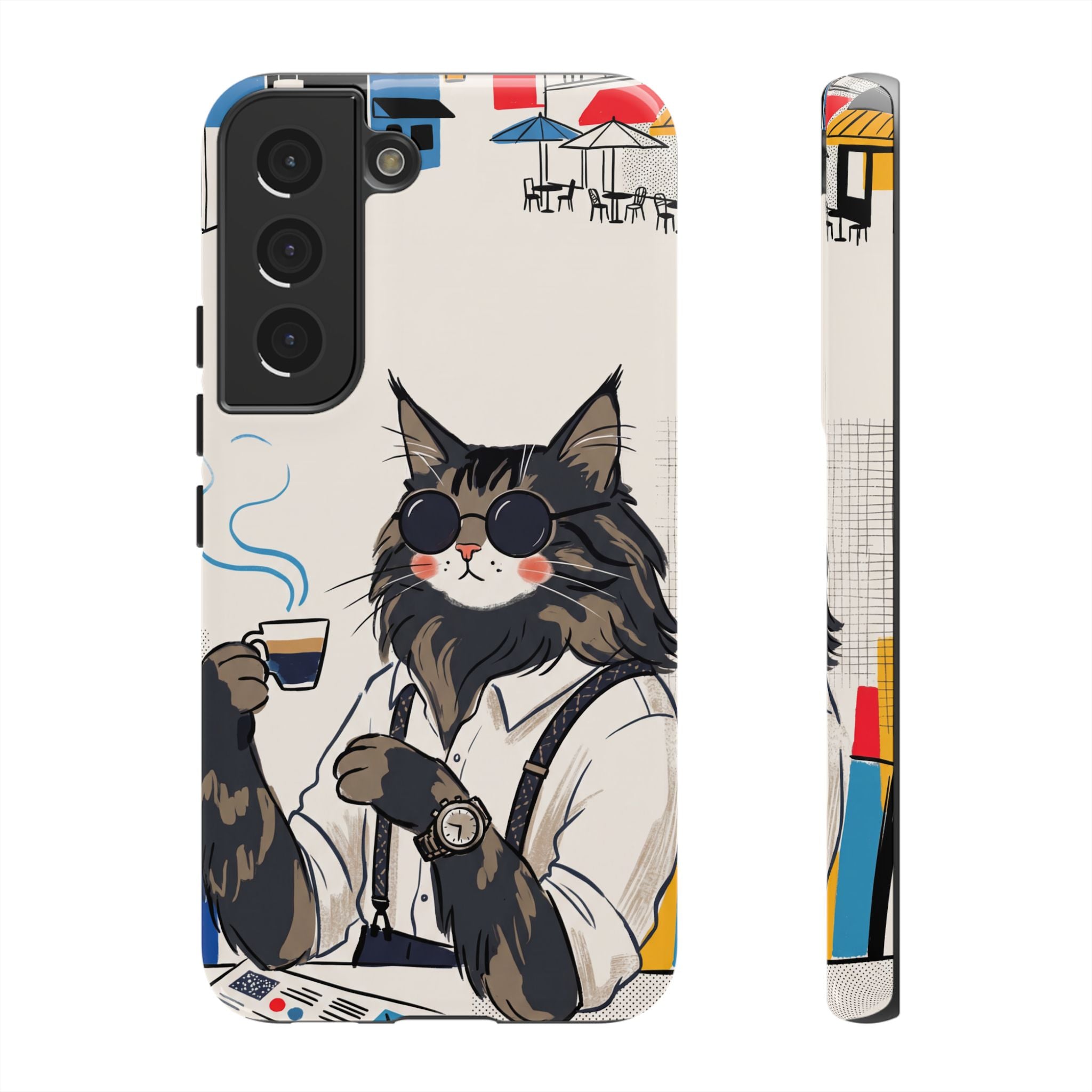 Cat Barista Samsung Galaxy Phone Case | Cool Cat in Sunglasses Coffee Shop Design