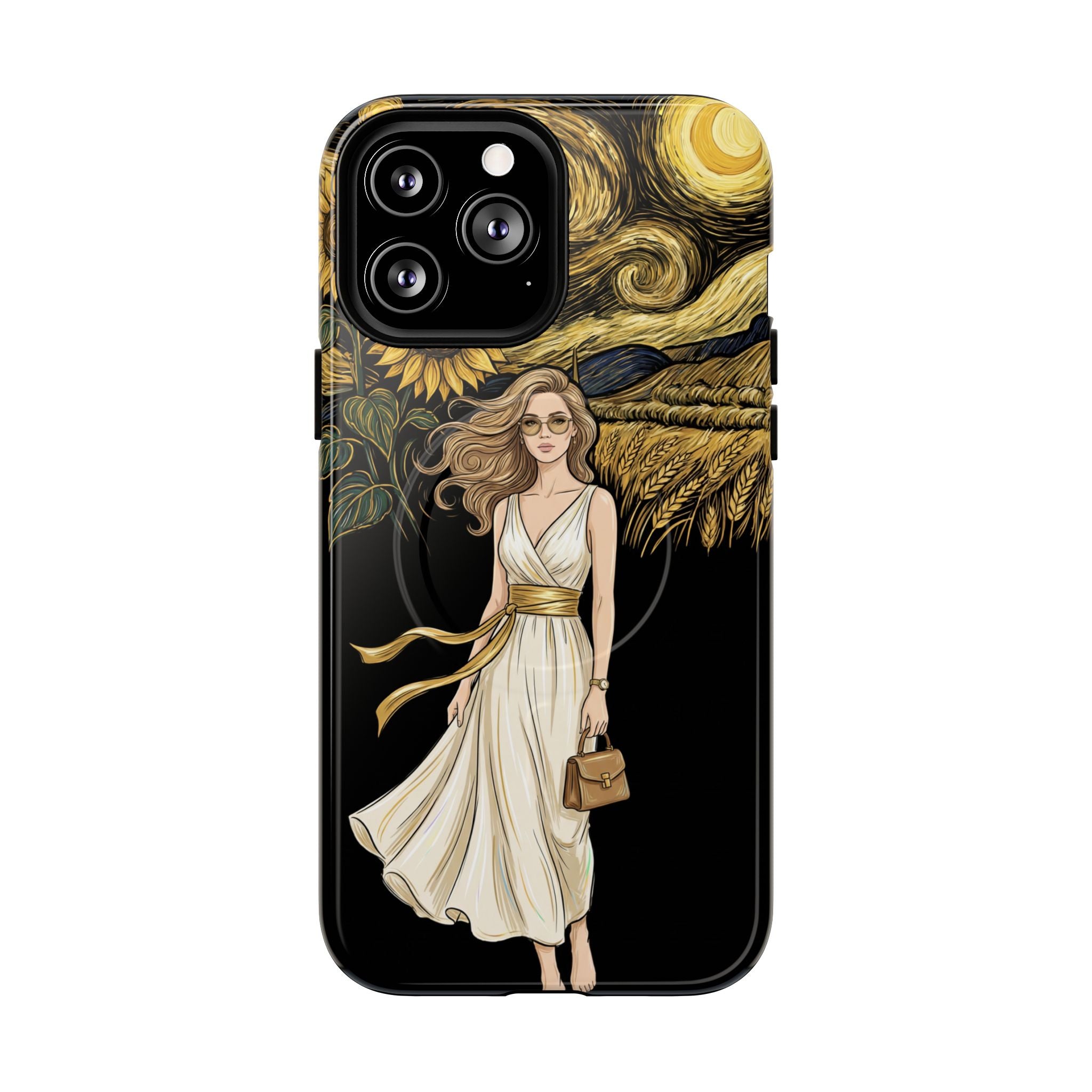 Sunflower Night MagSafe iPhone Case | Woman in Flowing Dress Van Gogh Style