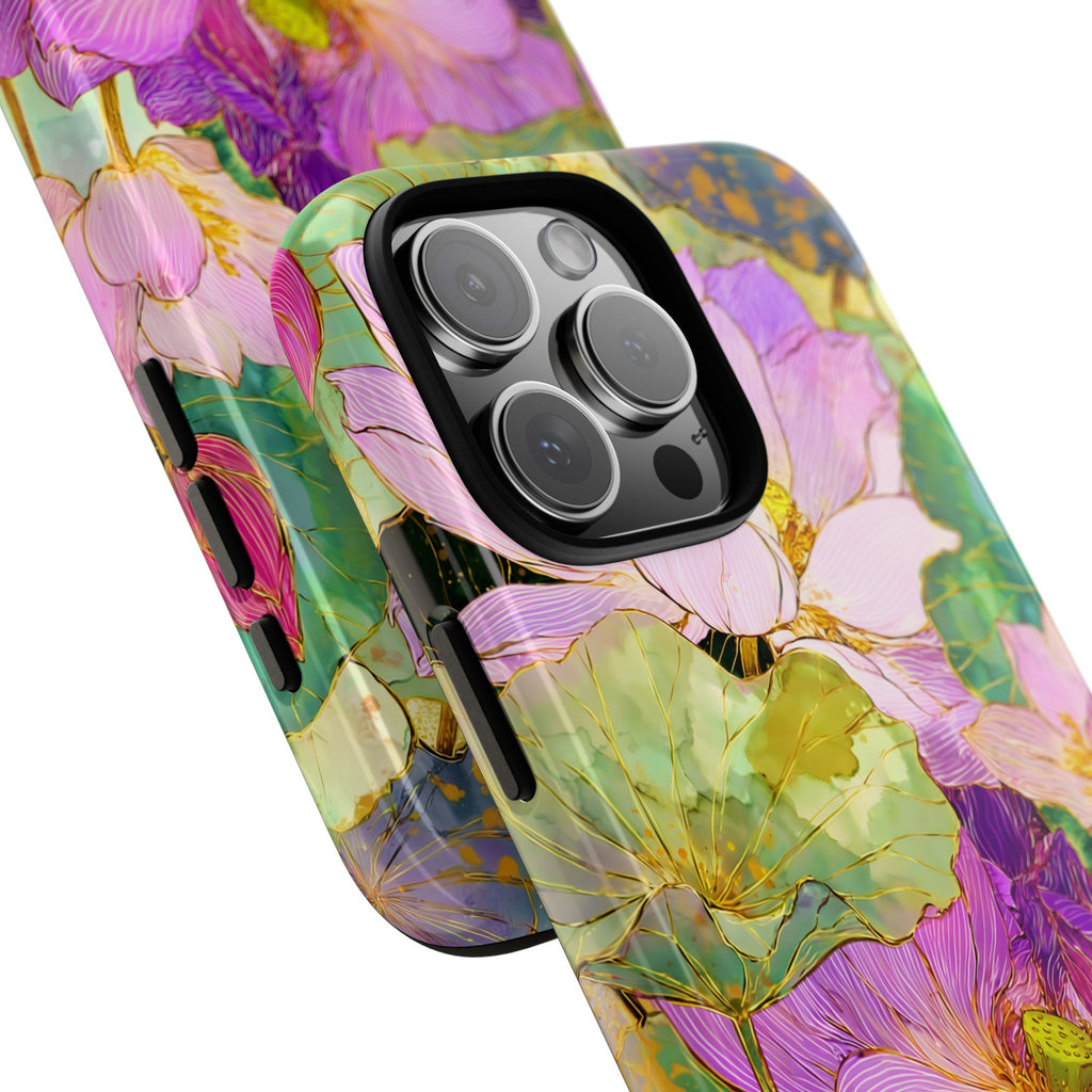 Floral Watercolor Tough iPhone Case | Pink Lotus Garden Protective Cover