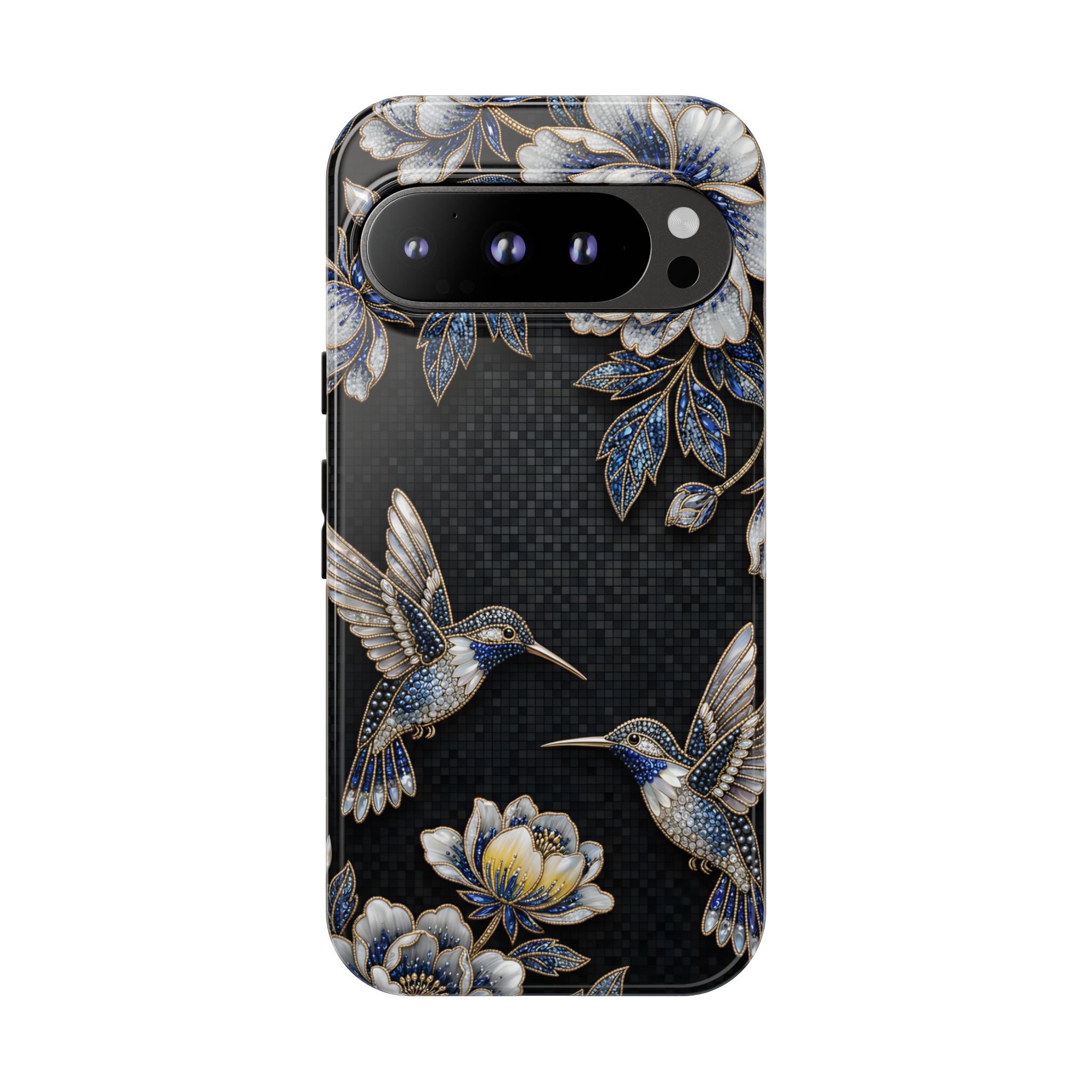 Hummingbird & Peony Floral Google Pixel Phone Case | Elegant Black Protective Cover