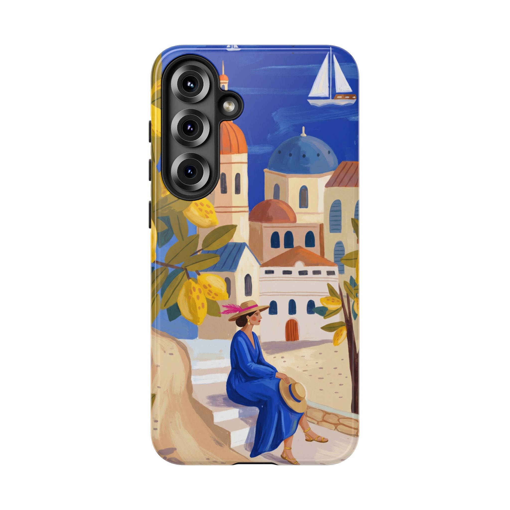 Mediterranean Village Samsung Galaxy Phone Case | Scenic Sailboat & Lemon Grove Design