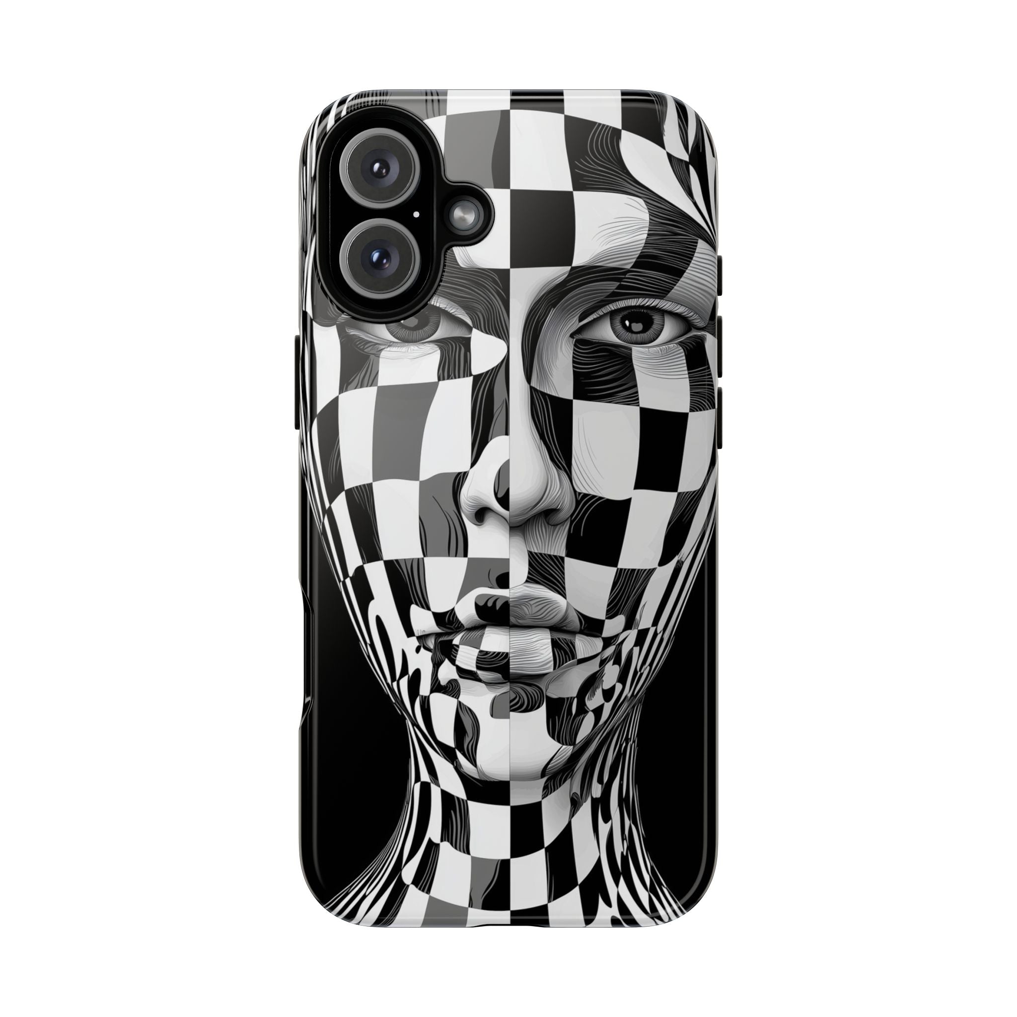 Checkerboard Face Tough iPhone Case — Black & White Surreal Art Protective Cover