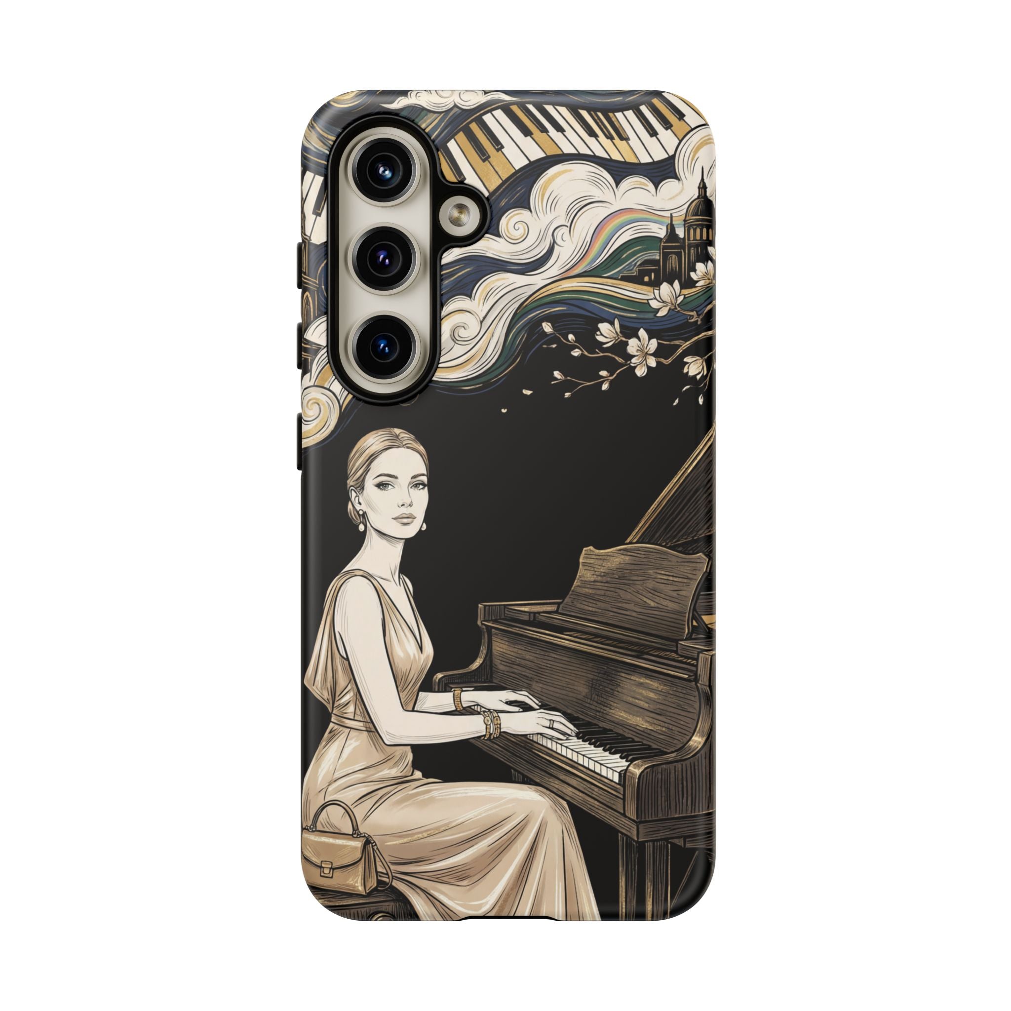 Elegant Piano Woman Samsung Galaxy Phone Case | Vintage Art Deco Music Design