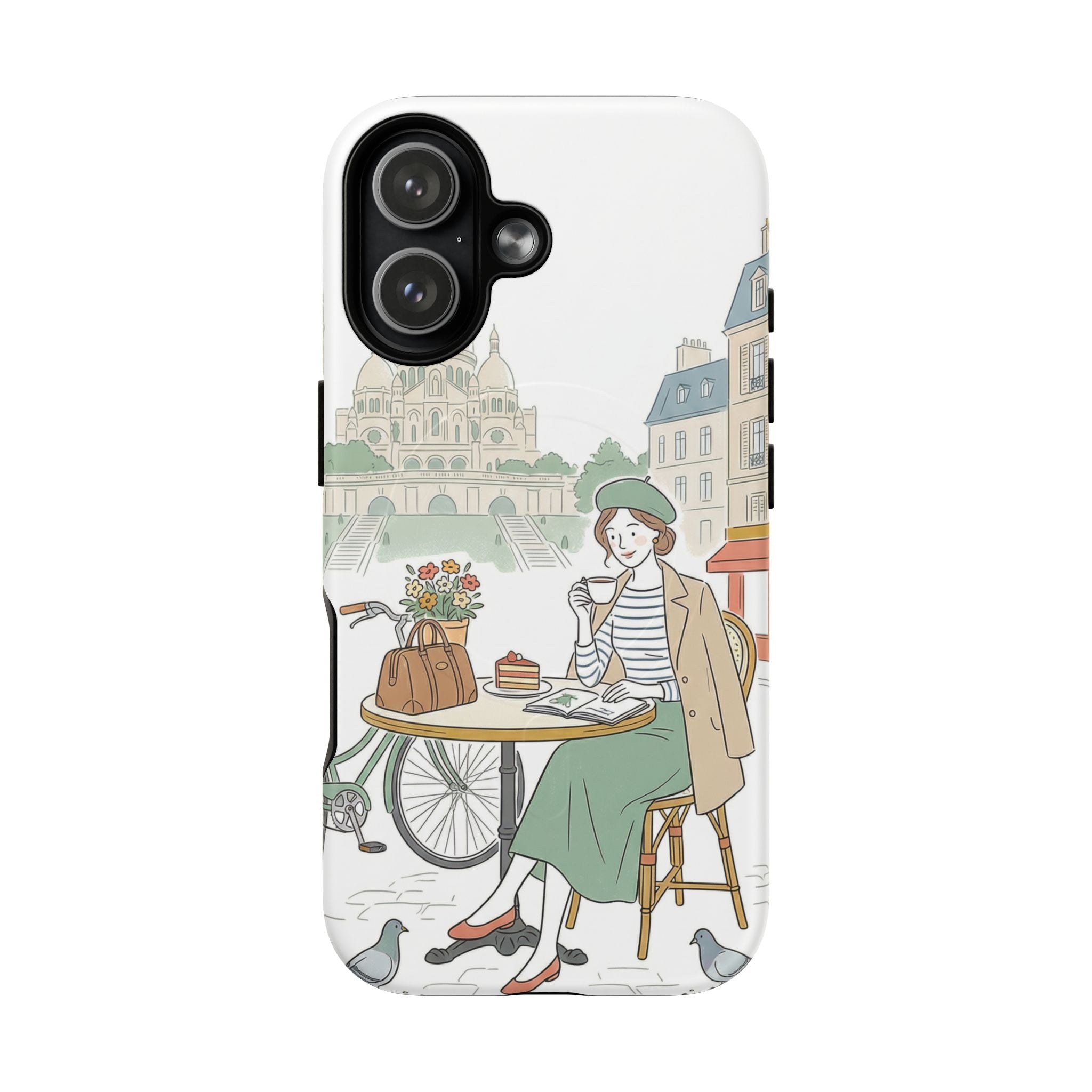 Paris Cafe Illustration MagSafe iPhone Case | Vintage Bicycles & Pigeons Protective Cover
