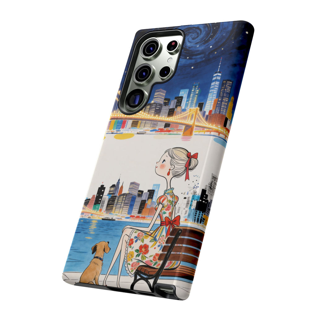 City Night Samsung Galaxy Phone Case | Cute Girl & Dog Bench Illustration