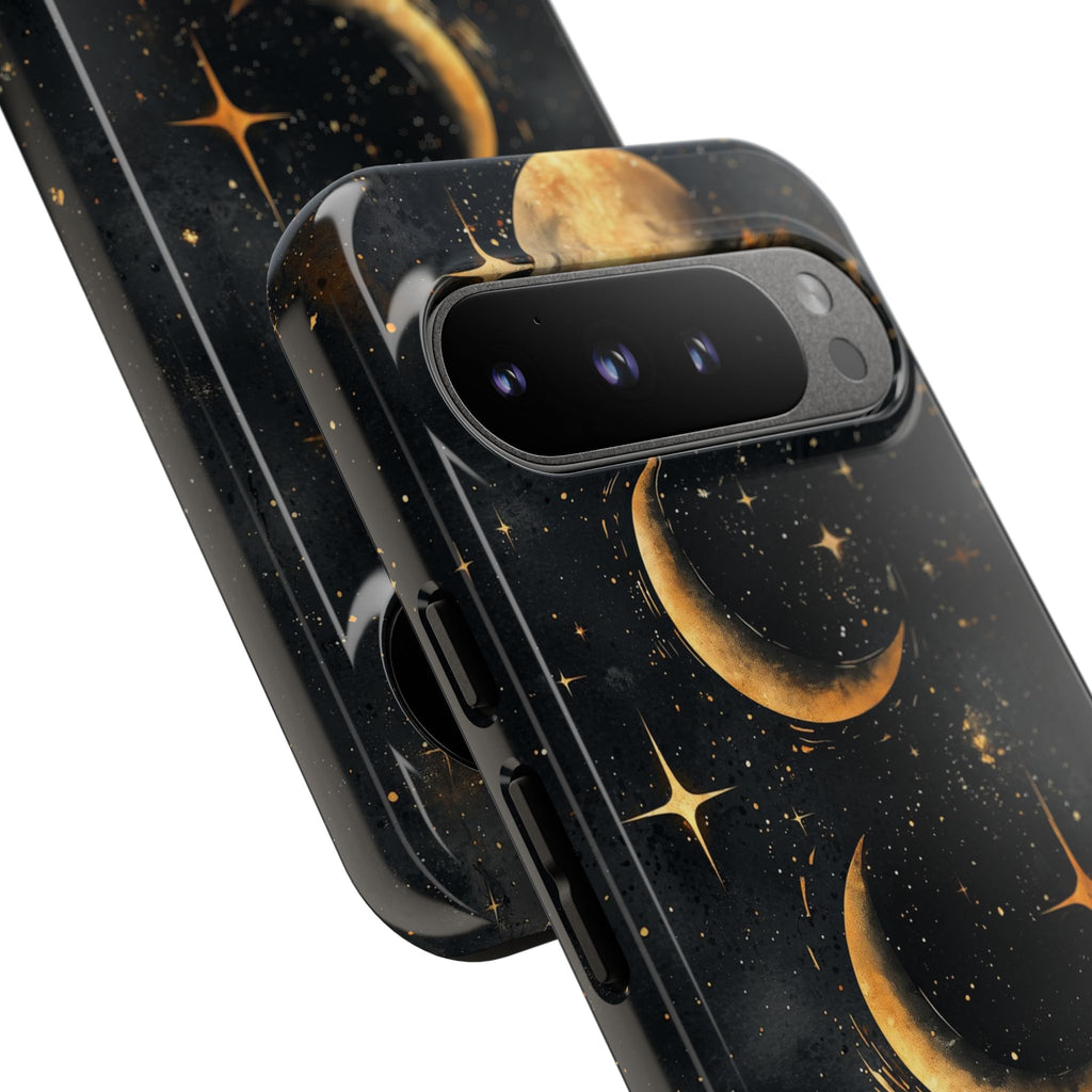Celestial Moon Phases Tough Google Pixel Case | Gold Crescent & Full Moon Galaxy Design