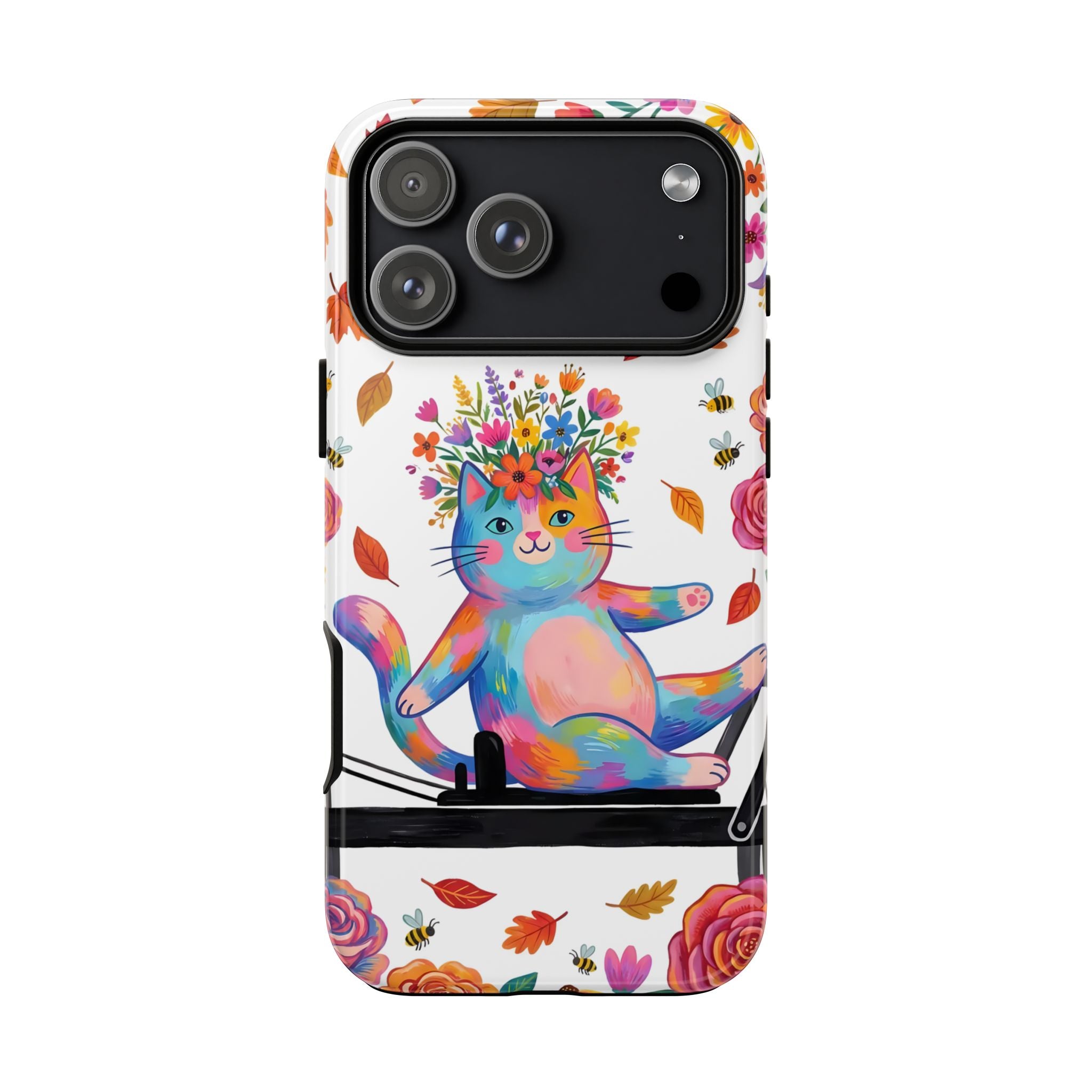 Colorful Floral Cat on Pilates Reformer Protective iPhone Case
