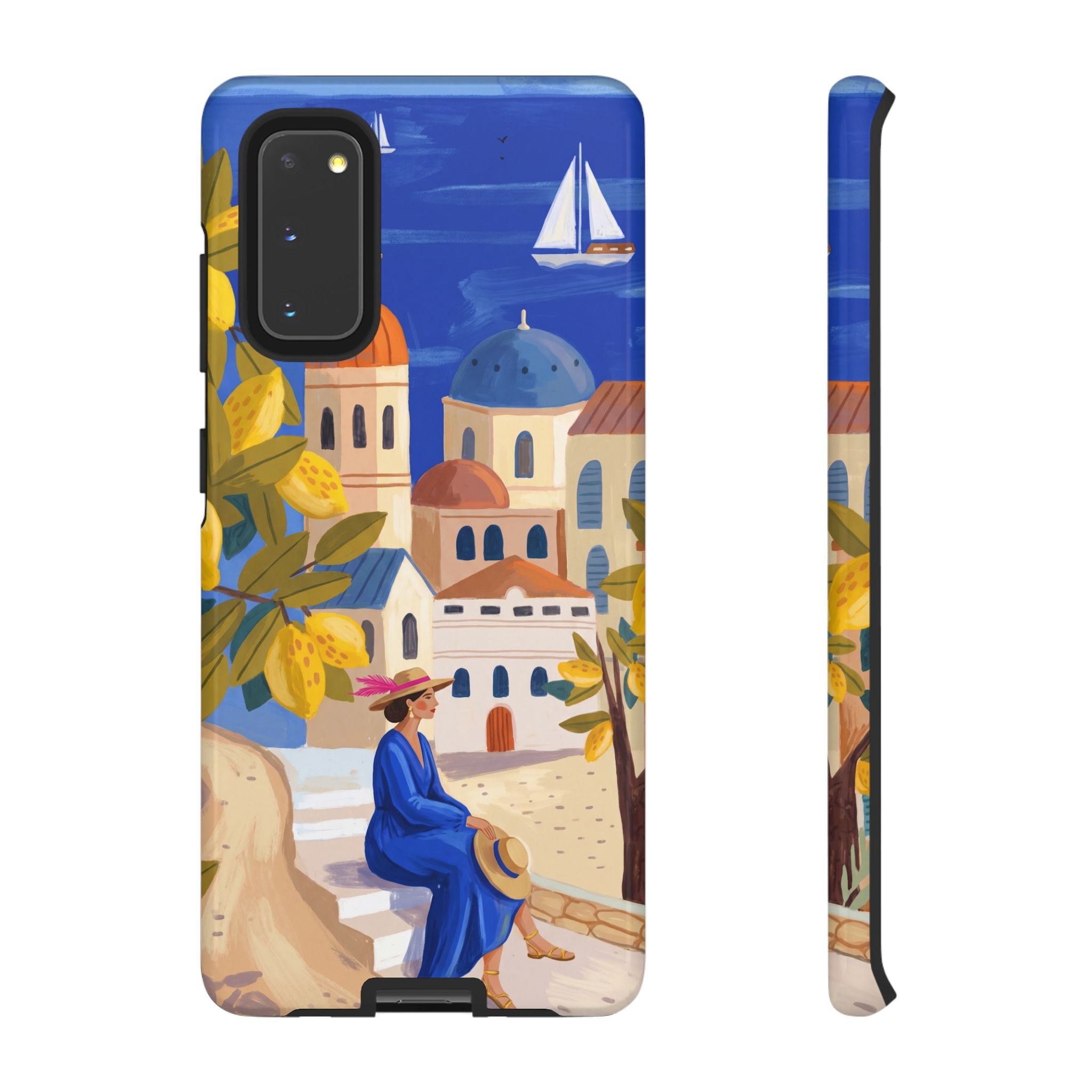 Mediterranean Village Samsung Galaxy Phone Case | Scenic Sailboat & Lemon Grove Design
