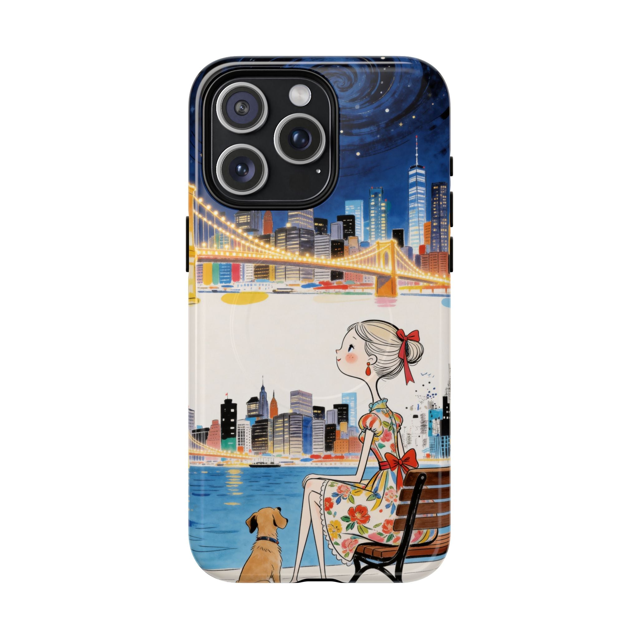 City Night MagSafe iPhone Case | Cute Girl & Dog Bench Illustration
