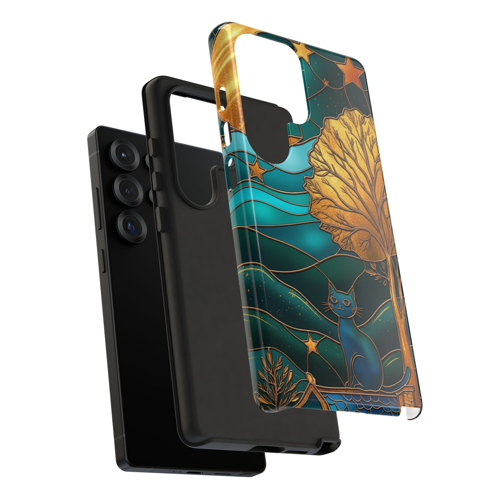 Stained Glass Cat Tough Samsung Galaxy Case | Gold Tree & Starry Night Design