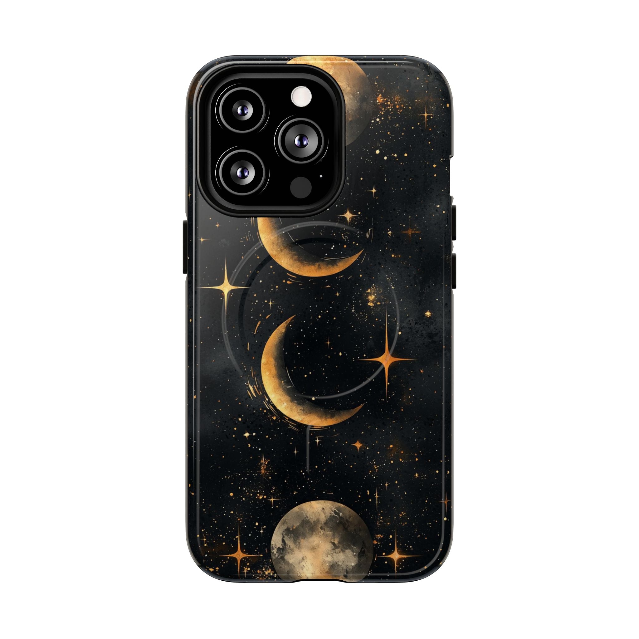Custodia rigida MagSafe per iPhone con fasi lunari celestiali | Design a forma di galassia con mezzaluna dorata e luna piena