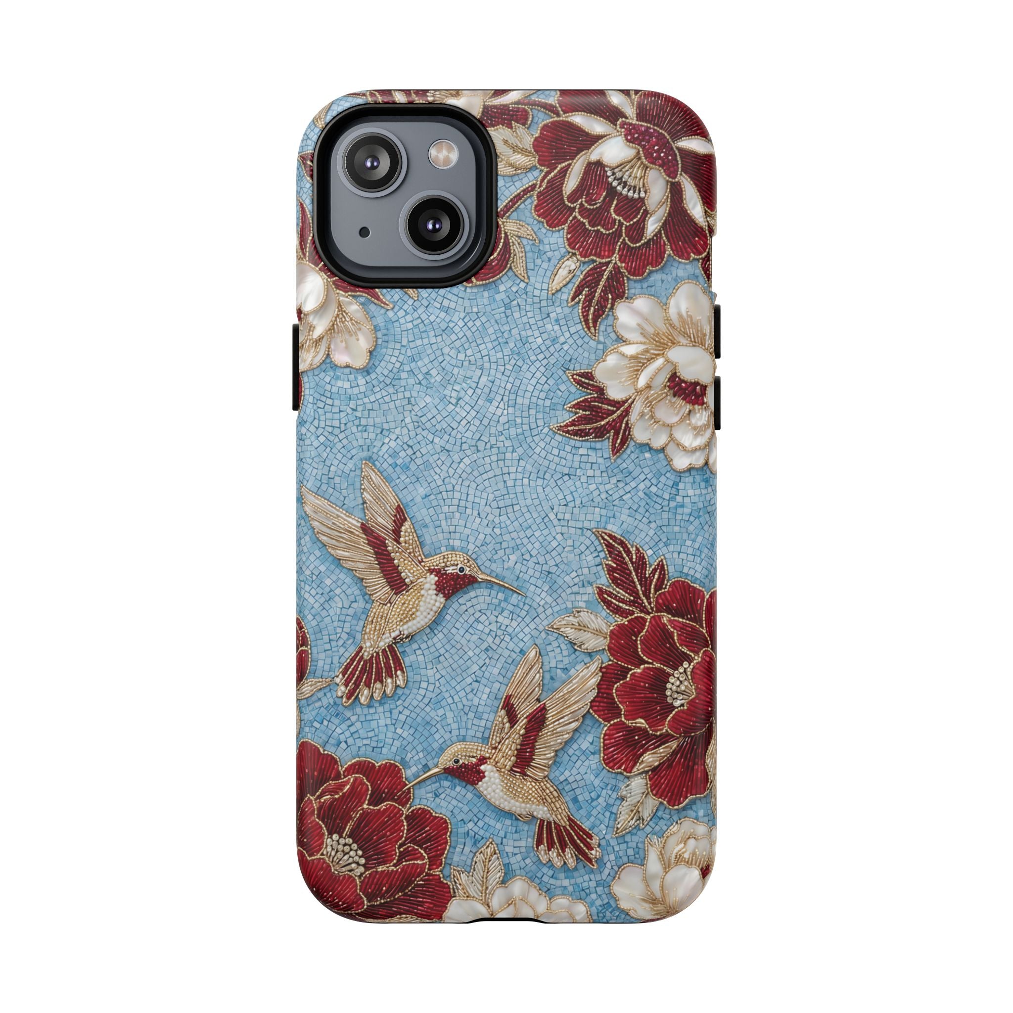 Floral Hummingbird Tough MagSafe iPhone Case | Vintage Blue & Burgundy Botanical Design
