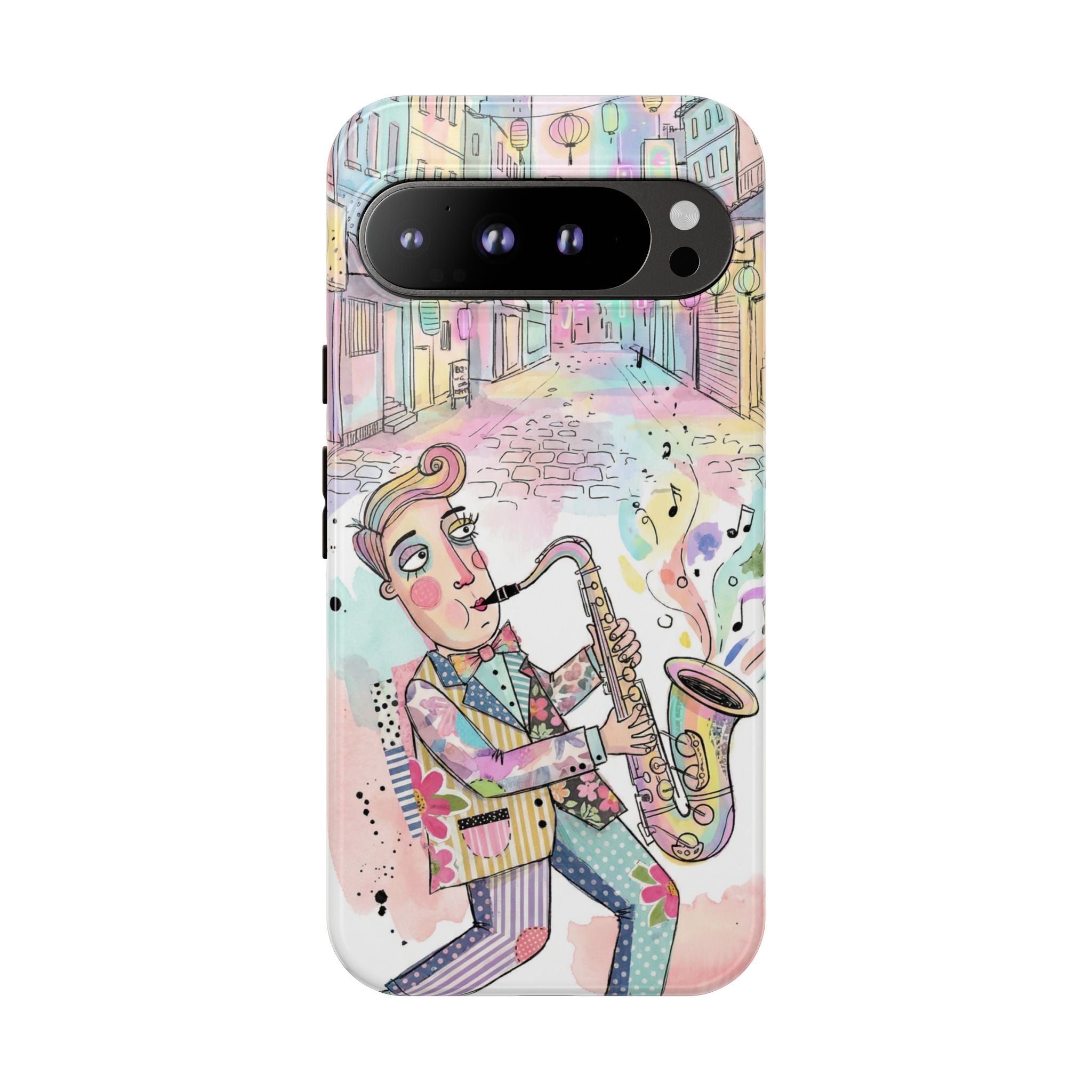 Sax Player Art Google Pixel Phone Case | Pastel Jazz Street Illustration