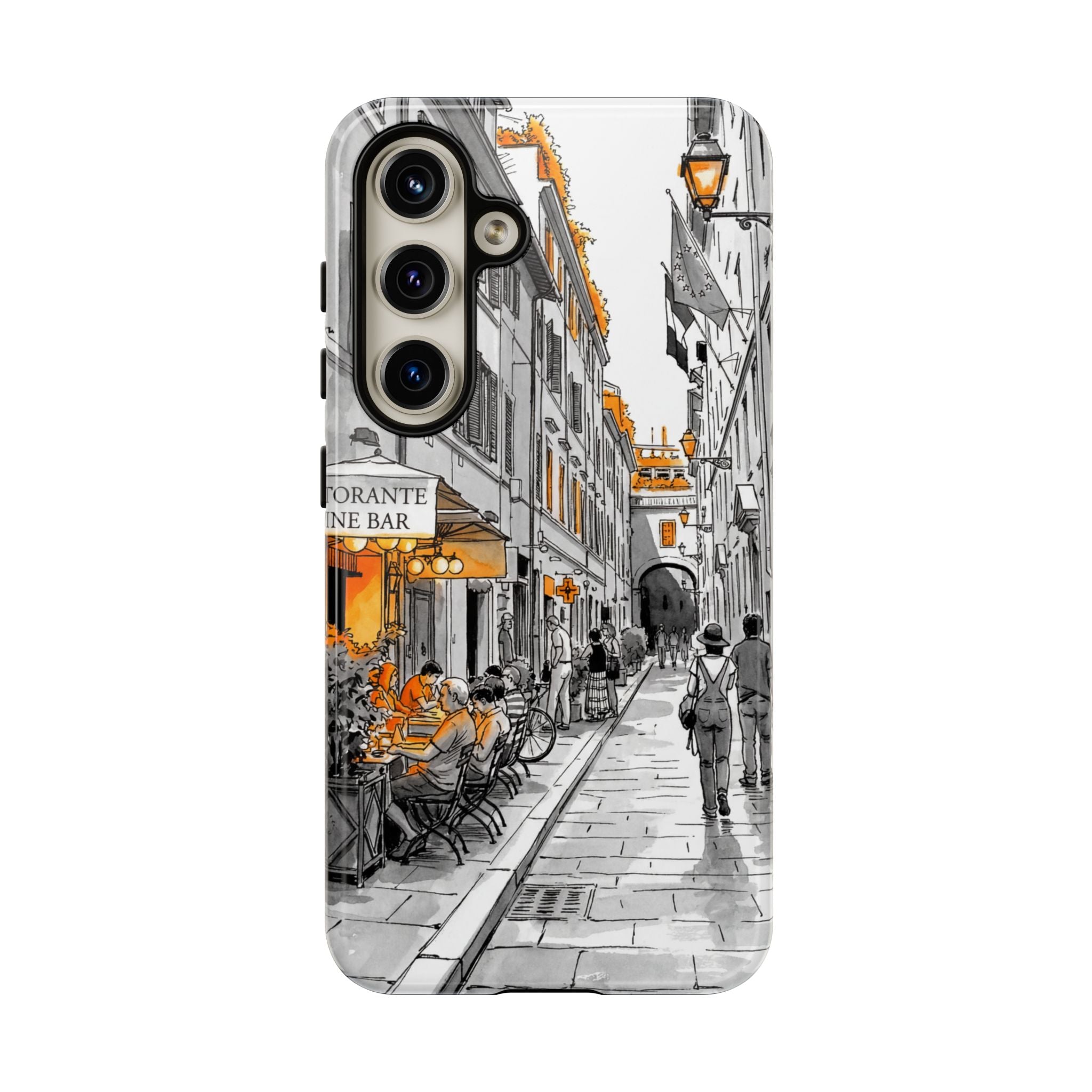 Italy Street Samsung Galaxy Case | Black & White Cityscape with Orange Accents