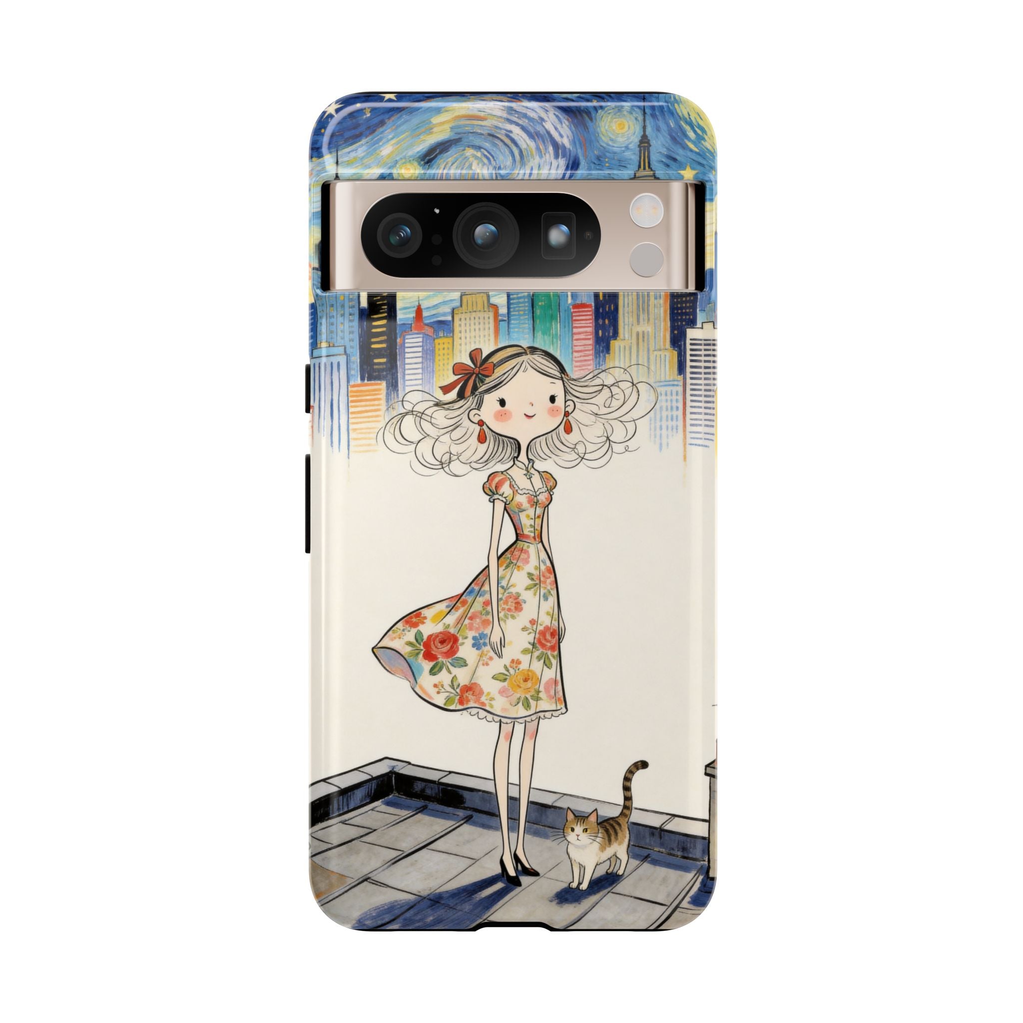 Artistic Girl Cityscape Google Pixel Phone Case | Cute Floral Dress Rooftop Design