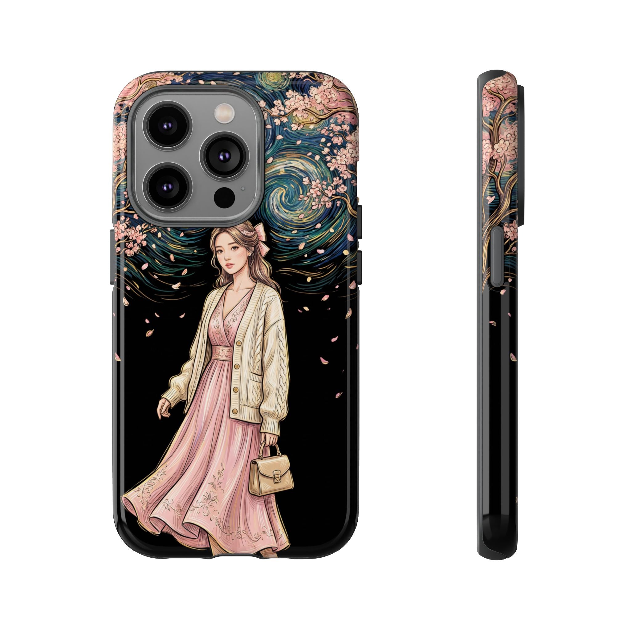 Floral Starry Night iPhone Case | Elegant Girl in Pink Dress