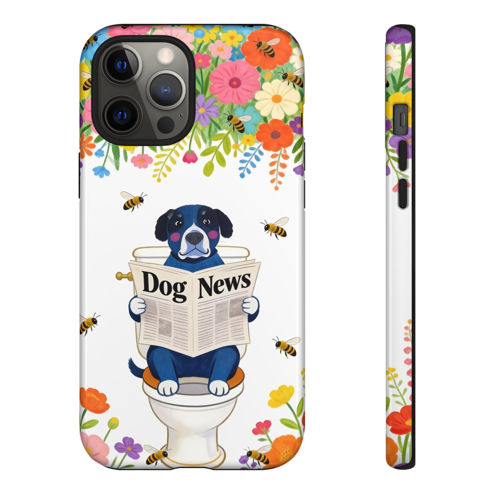 Dog News Floral iPhone Case | Cute Dog on Toilet Pattern, Spring Floral iPhone Cover