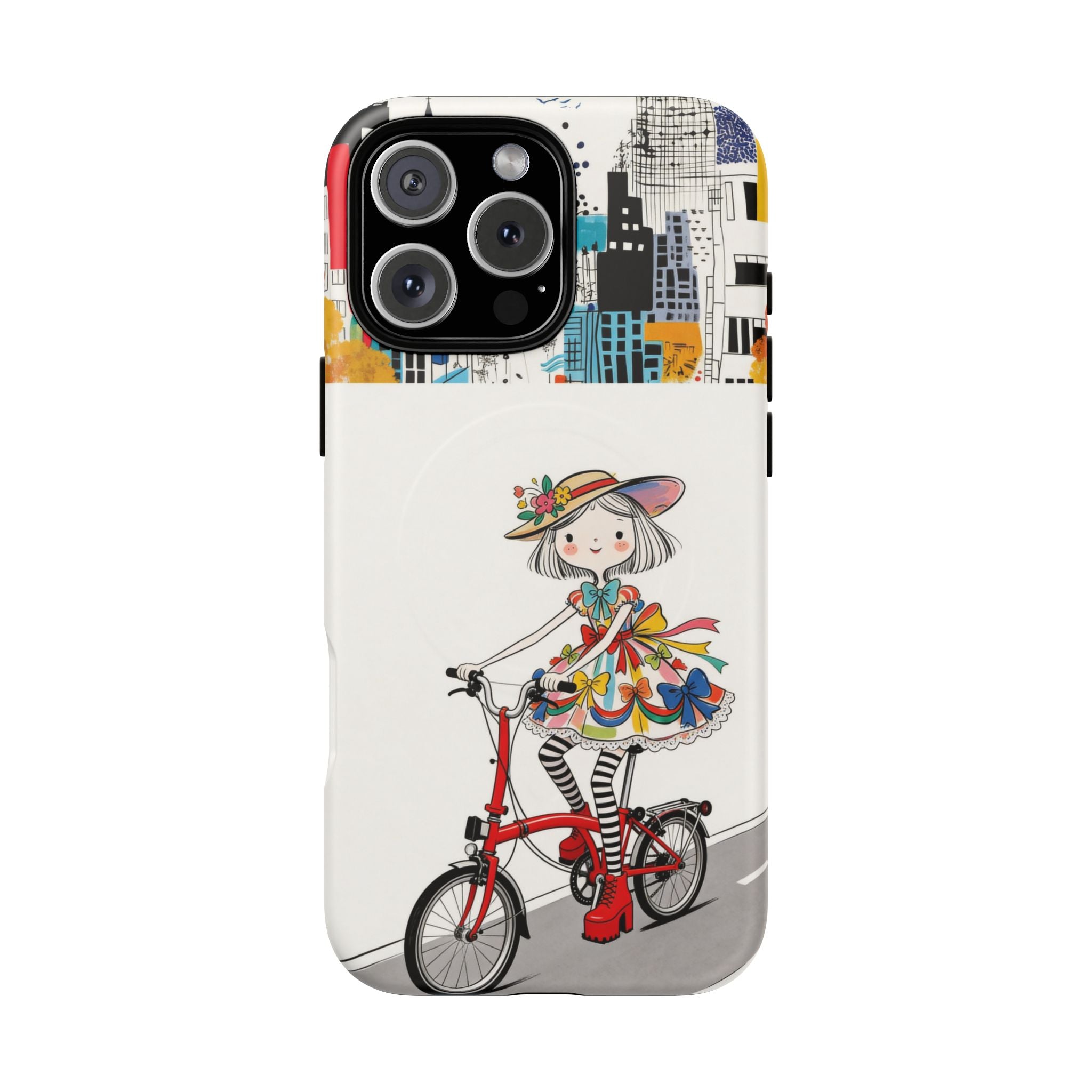 Whimsical Girl on Brompton Bicycle Urban Illustration MagSafe iPhone Case