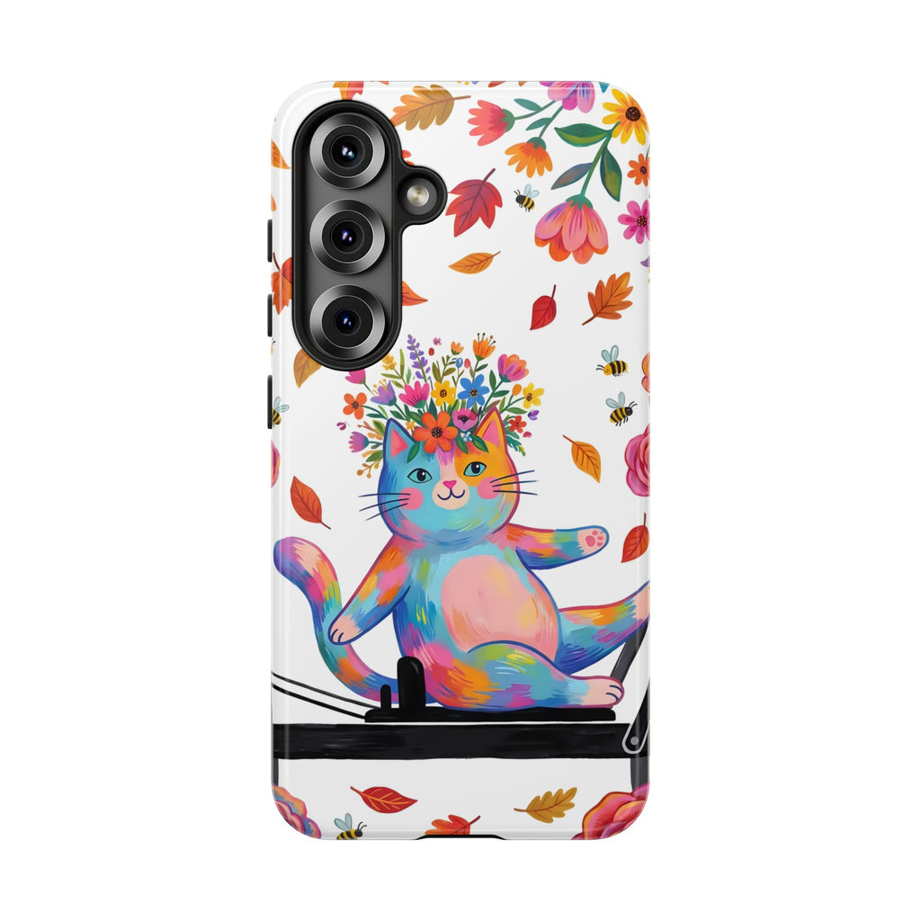Custodia protettiva Samsung Galaxy per telefono con gatto floreale colorato su reformer Pilates
