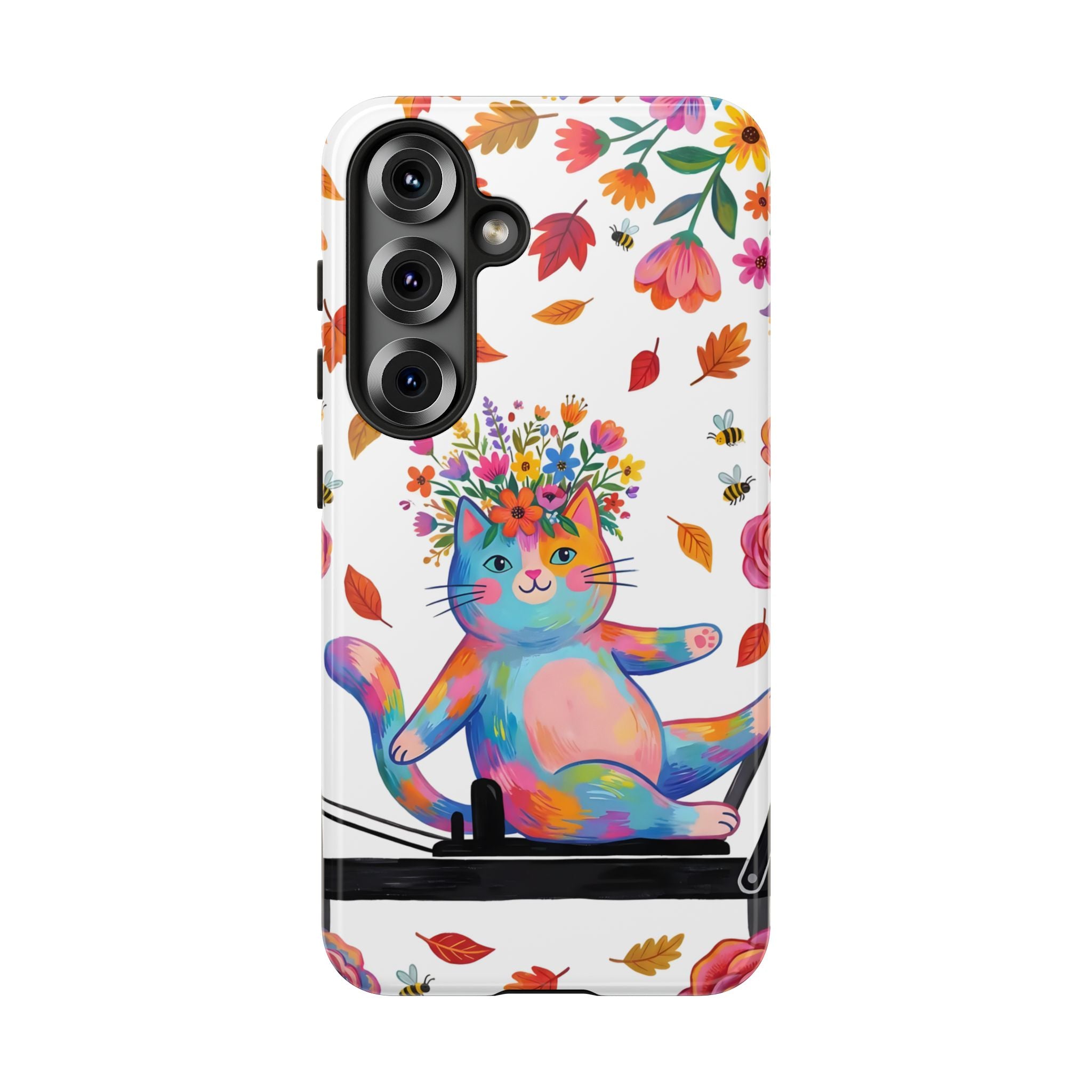 Colorful Floral Cat on Pilates Reformer Protective Samsung Galaxy Phone Case