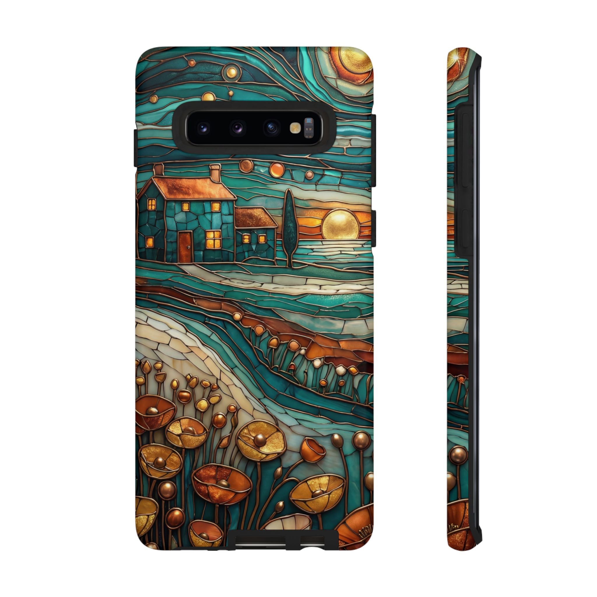 Artistic Sunset Cottage Samsung Galaxy Case | Whimsical Floral Landscape Protective Cover