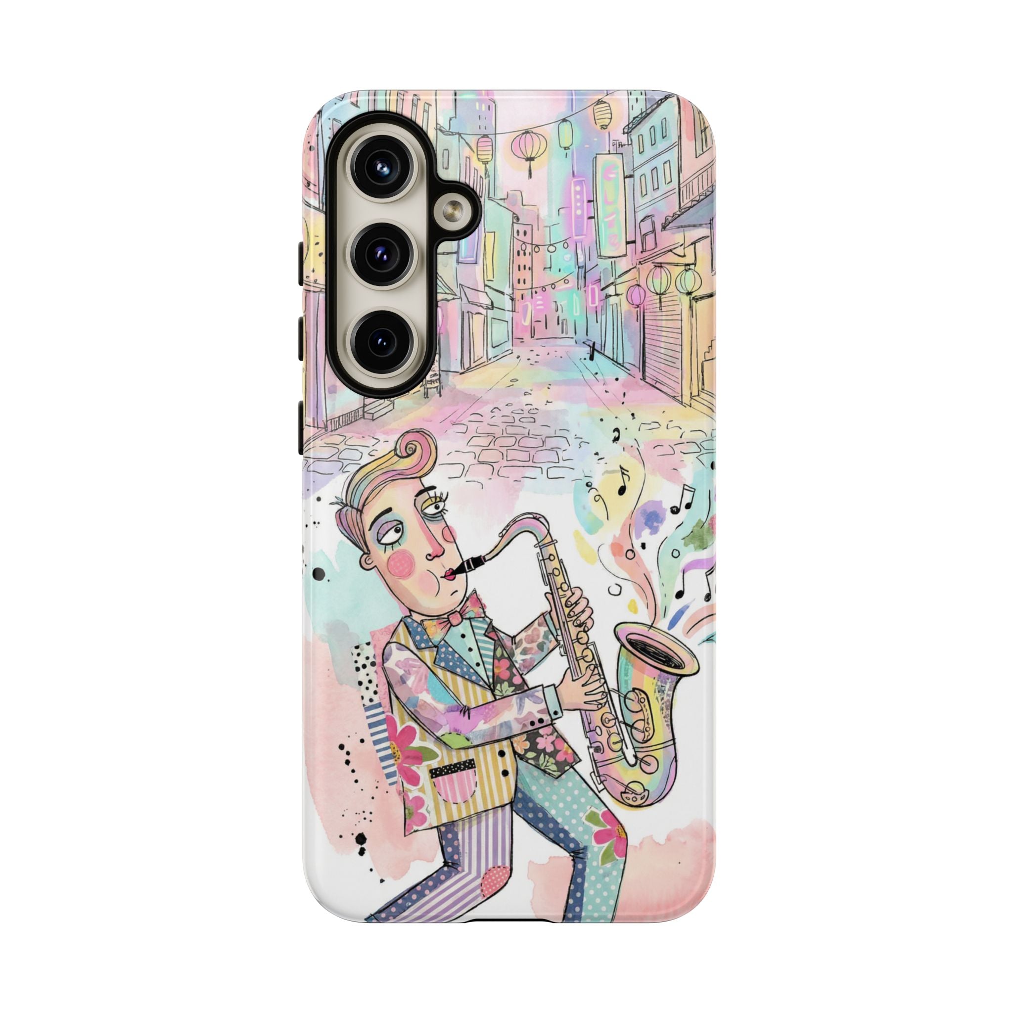 Sax Player Art Samsung Galaxy Phone Case | Pastel Jazz Street Illustration