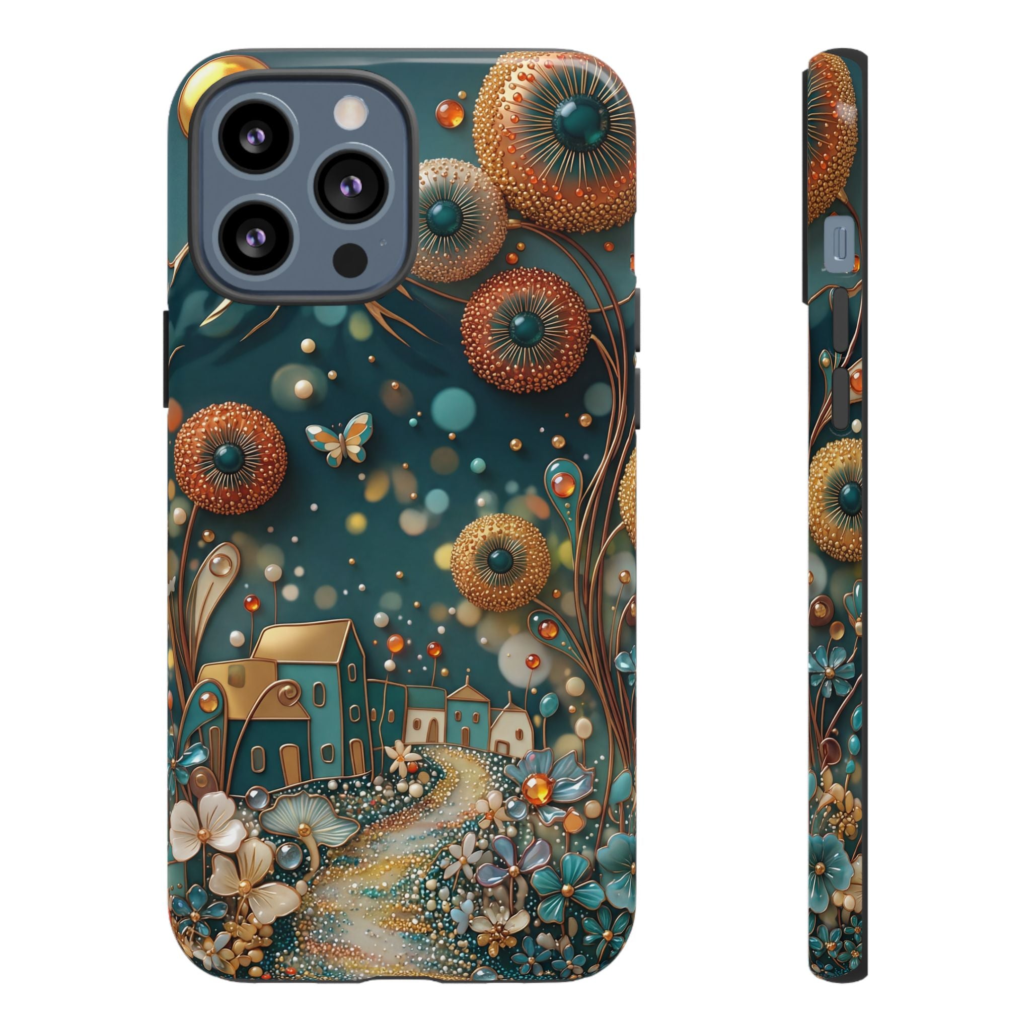 Whimsical Night Village iPhone Case | Floral Moonlit Art Tough Case