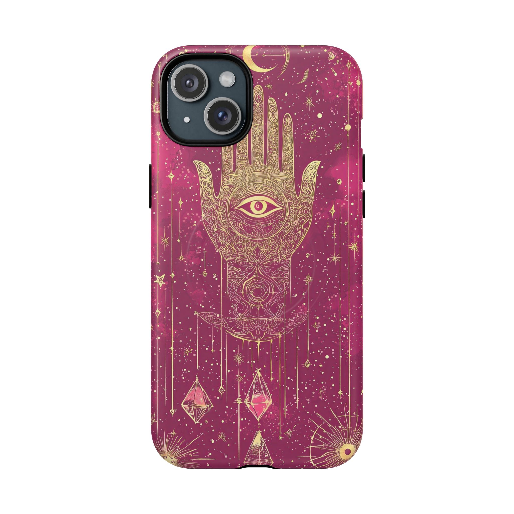 Custodia MagSafe per iPhone Mystic Hamsa | Palma dorata e occhio onniveggente su galassia magenta