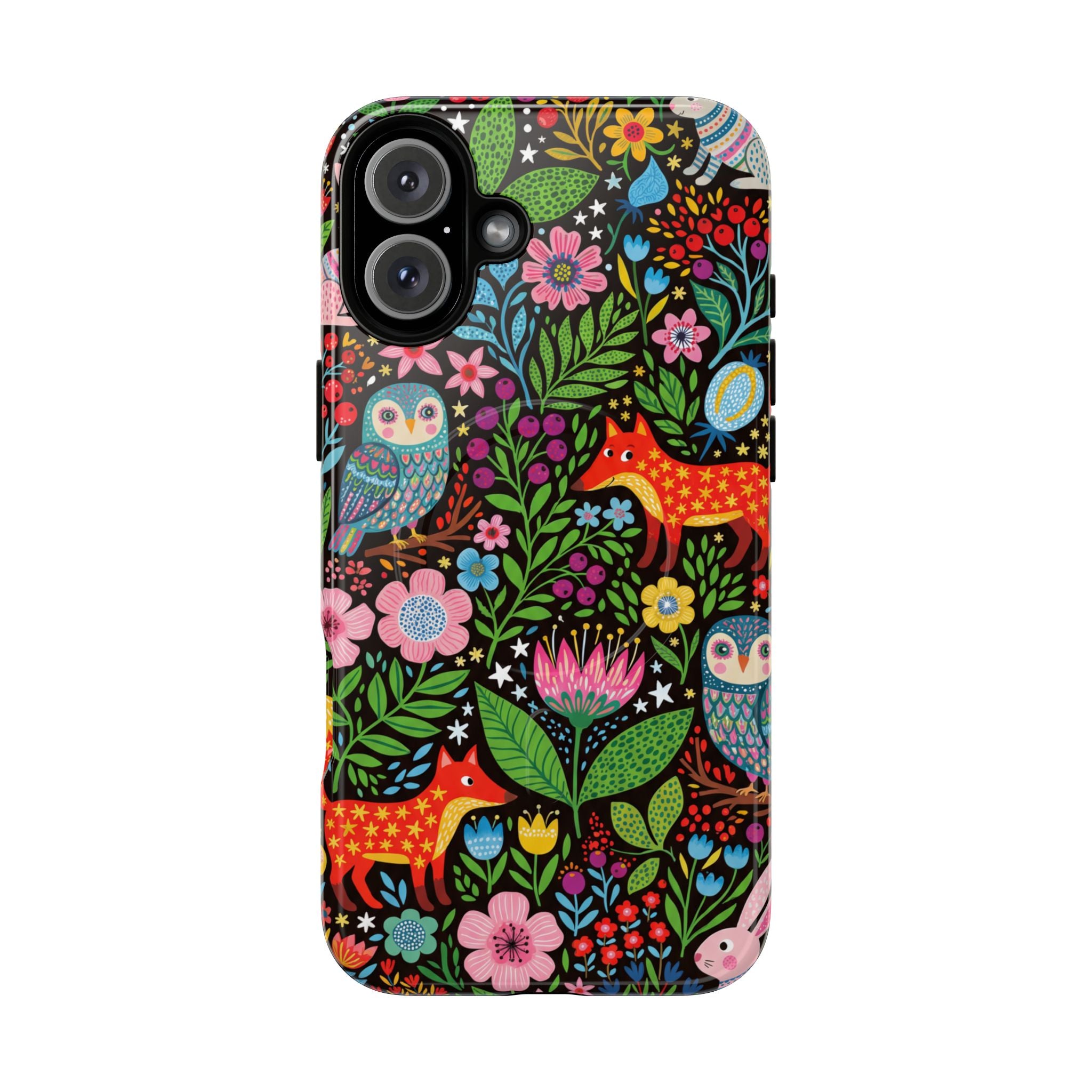 Floral Woodland MagSafe iPhone Case | Colourful Fox & Owl Protective Cover