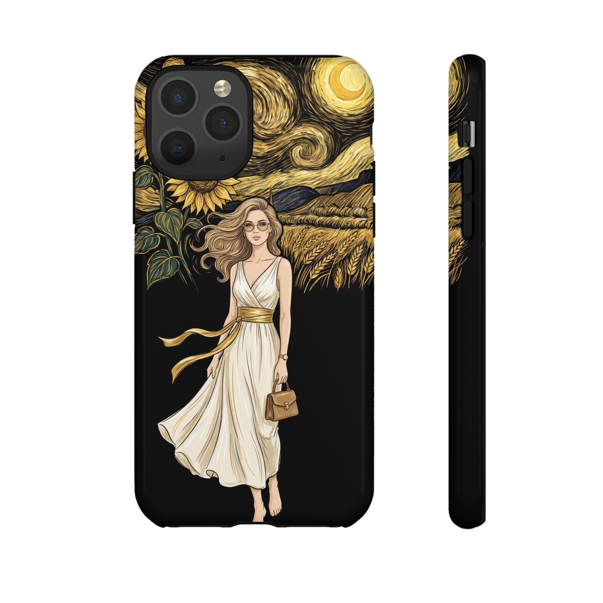 Sunflower Night iPhone Case | Woman in Flowing Dress Van Gogh Style