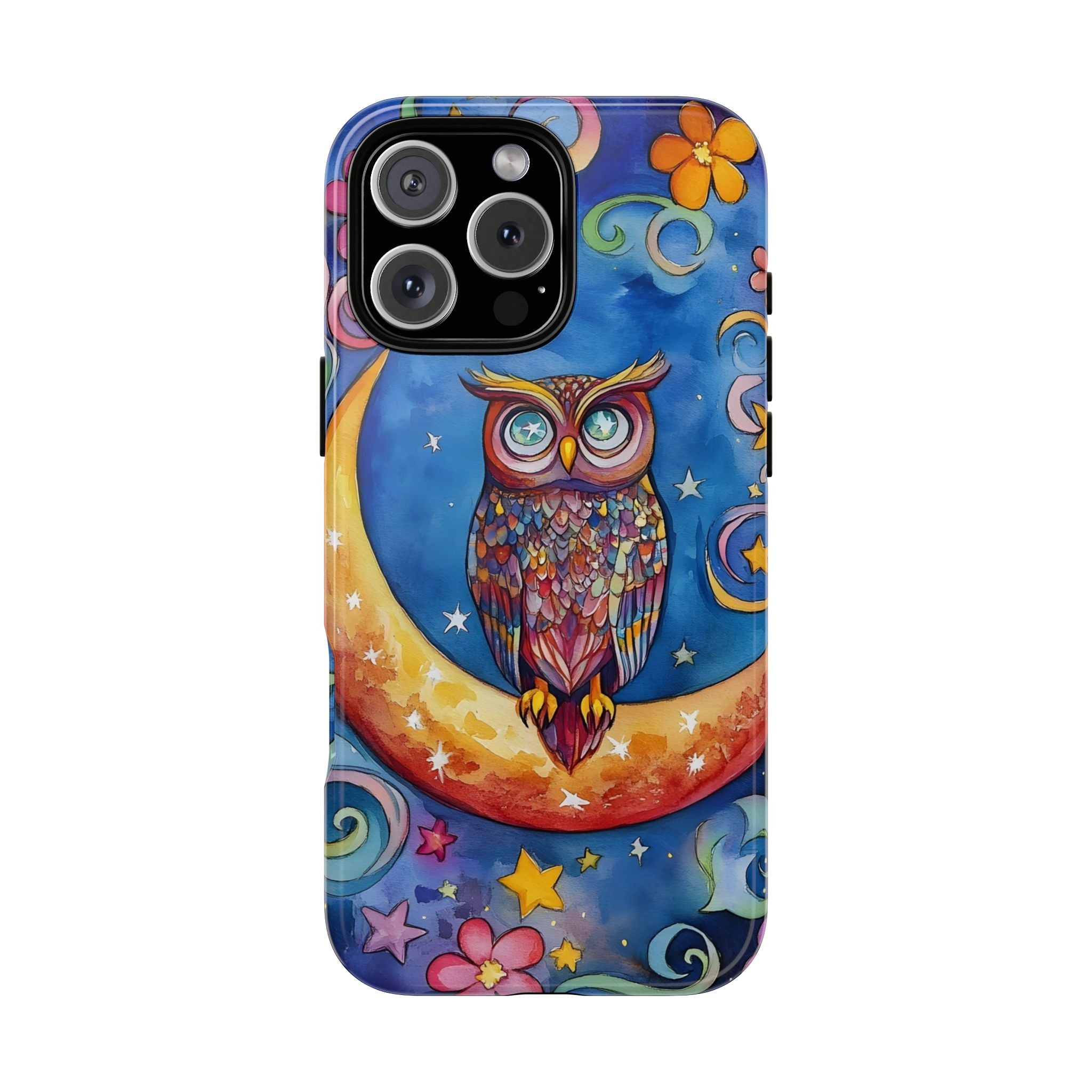 Owl on Crescent Moon iPhone Case — Colourful Whimsical Night Sky Design