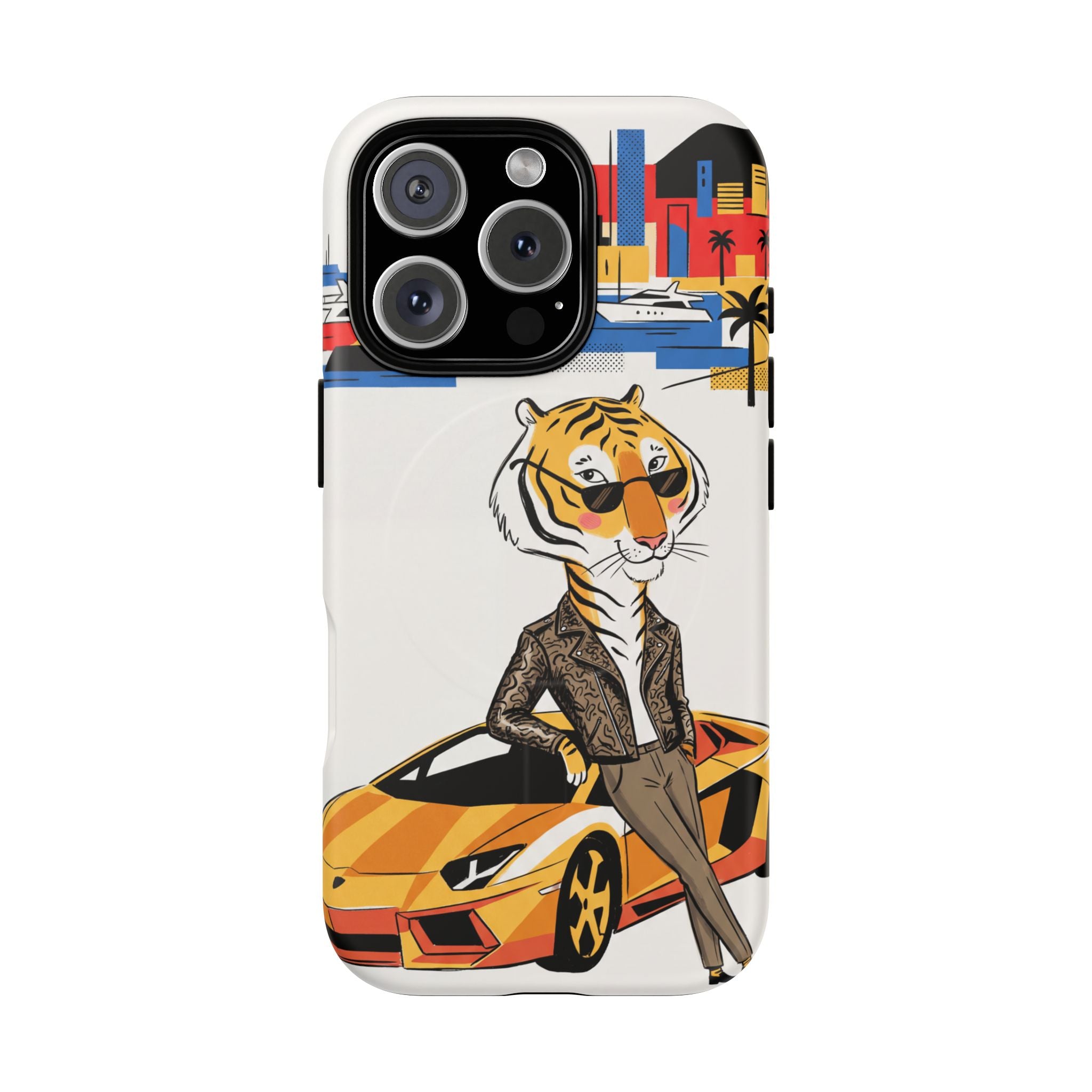Stylish Tiger with Sports Car Illustration MagSafe iPhone Case