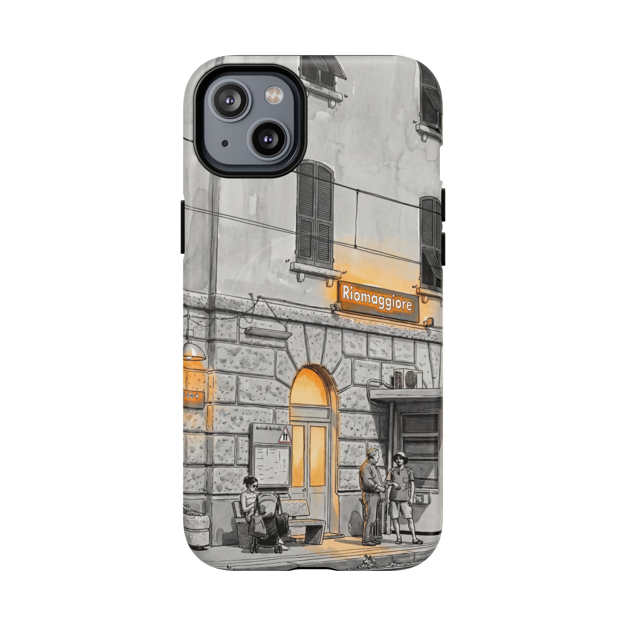 Custodia per telefono MagSafe con motivo stazione ferroviaria Cinque Terre | Schizzo in bianco e nero con accenti giallo caldo