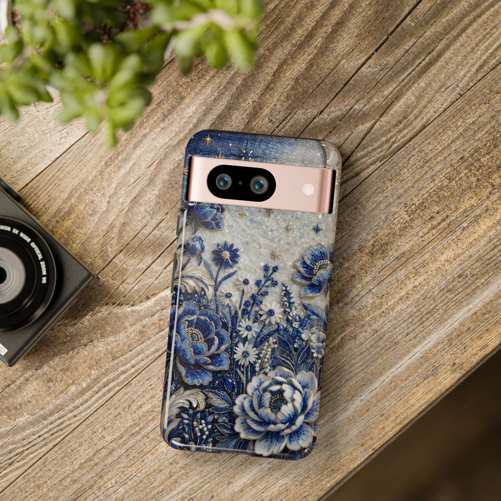 Blue Floral Moon Google Pixel Phone Case | Vintage Botanical Night Sky Protective Case