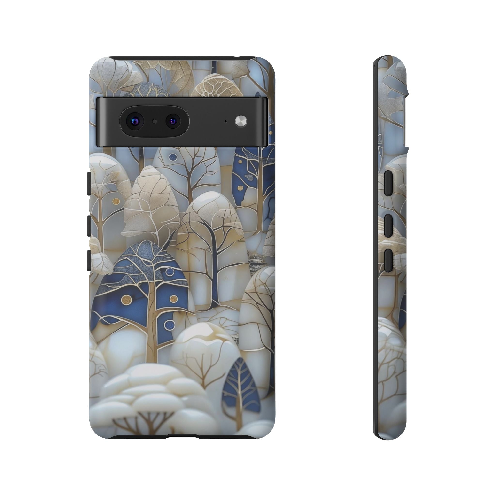 Blue Gold Winter Forest Google Pixel Case — Elegant Tree Pattern Tough Case
