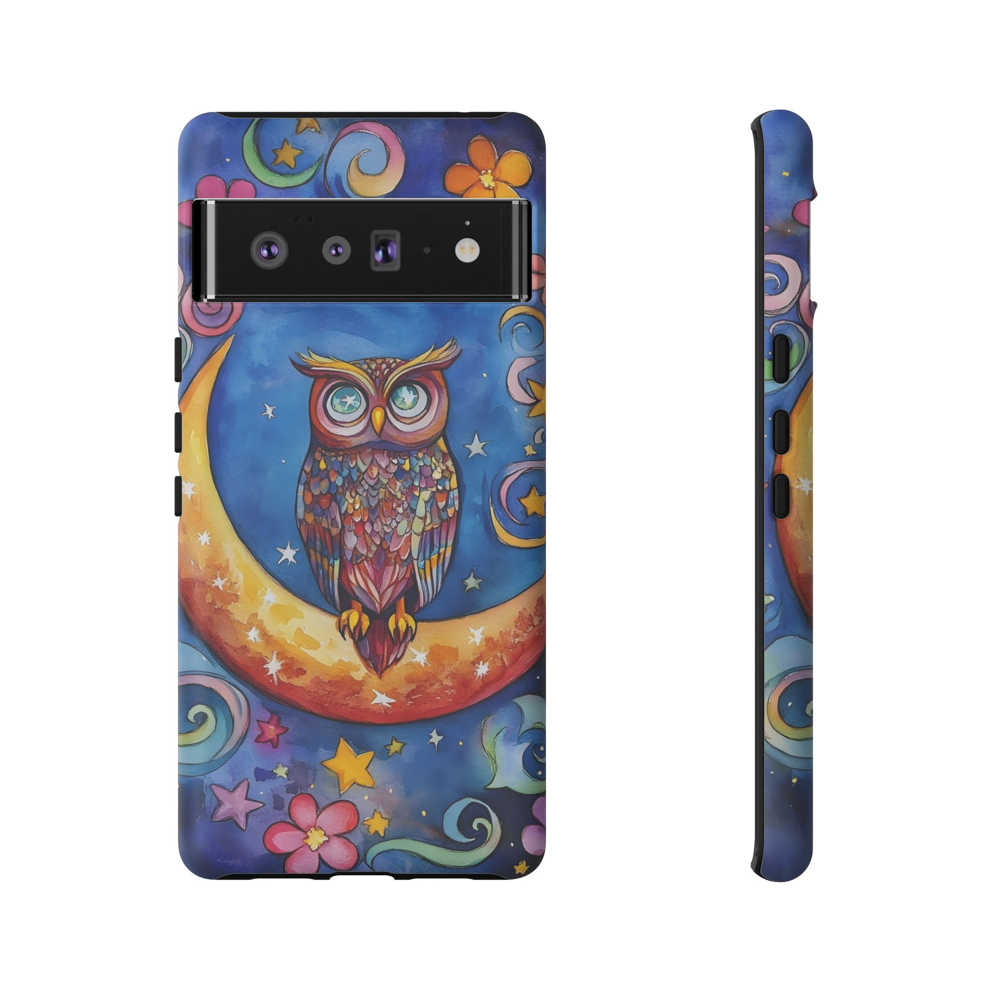 Owl on Crescent Moon Google Pixel Case — Colourful Whimsical Night Sky Design