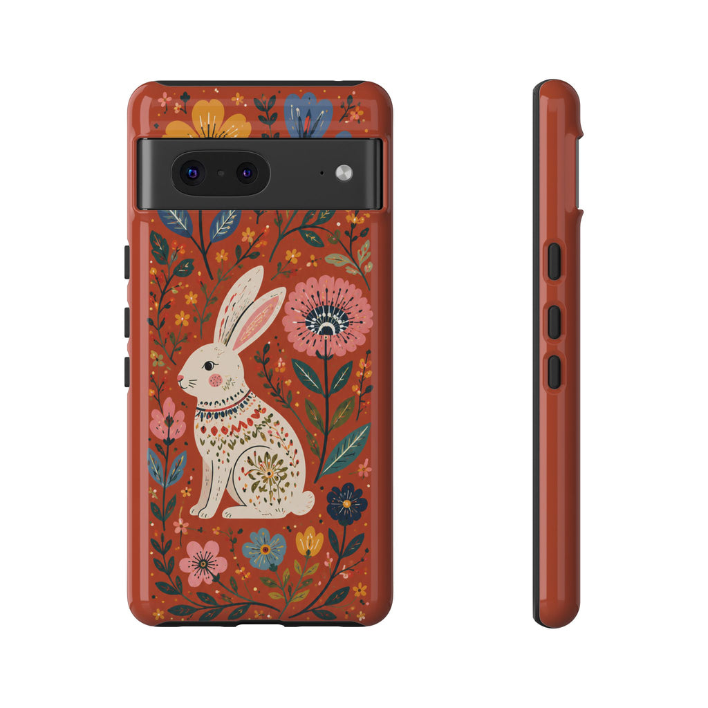 Floral Rabbit Tough Google Pixel Phone Case | Protective Phone Case with Folk Art Bunny Design