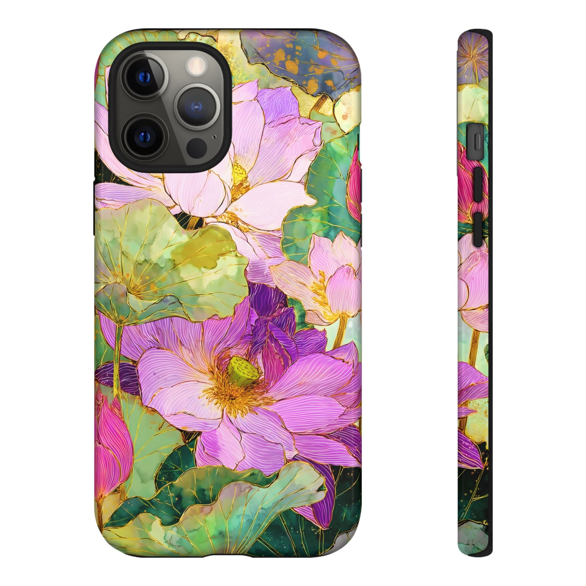Floral Watercolor Tough iPhone Case | Pink Lotus Garden Protective Cover