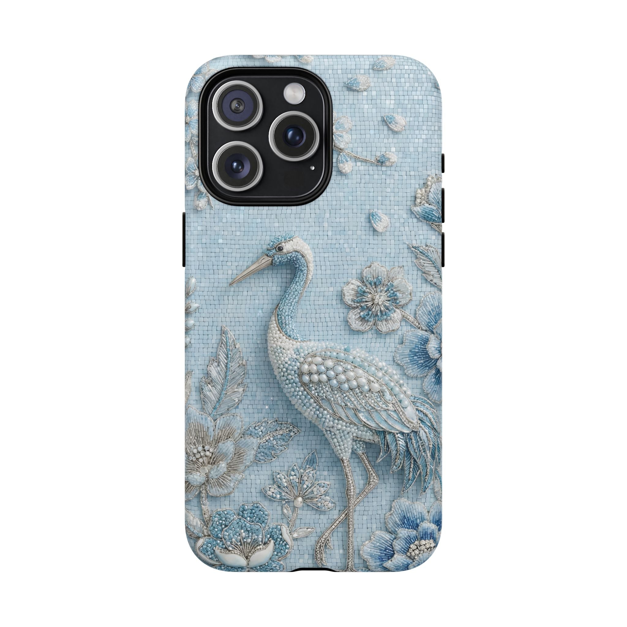 Blue Crane Floral MagSafe iPhone Case | Vintage Embossed Bird Design