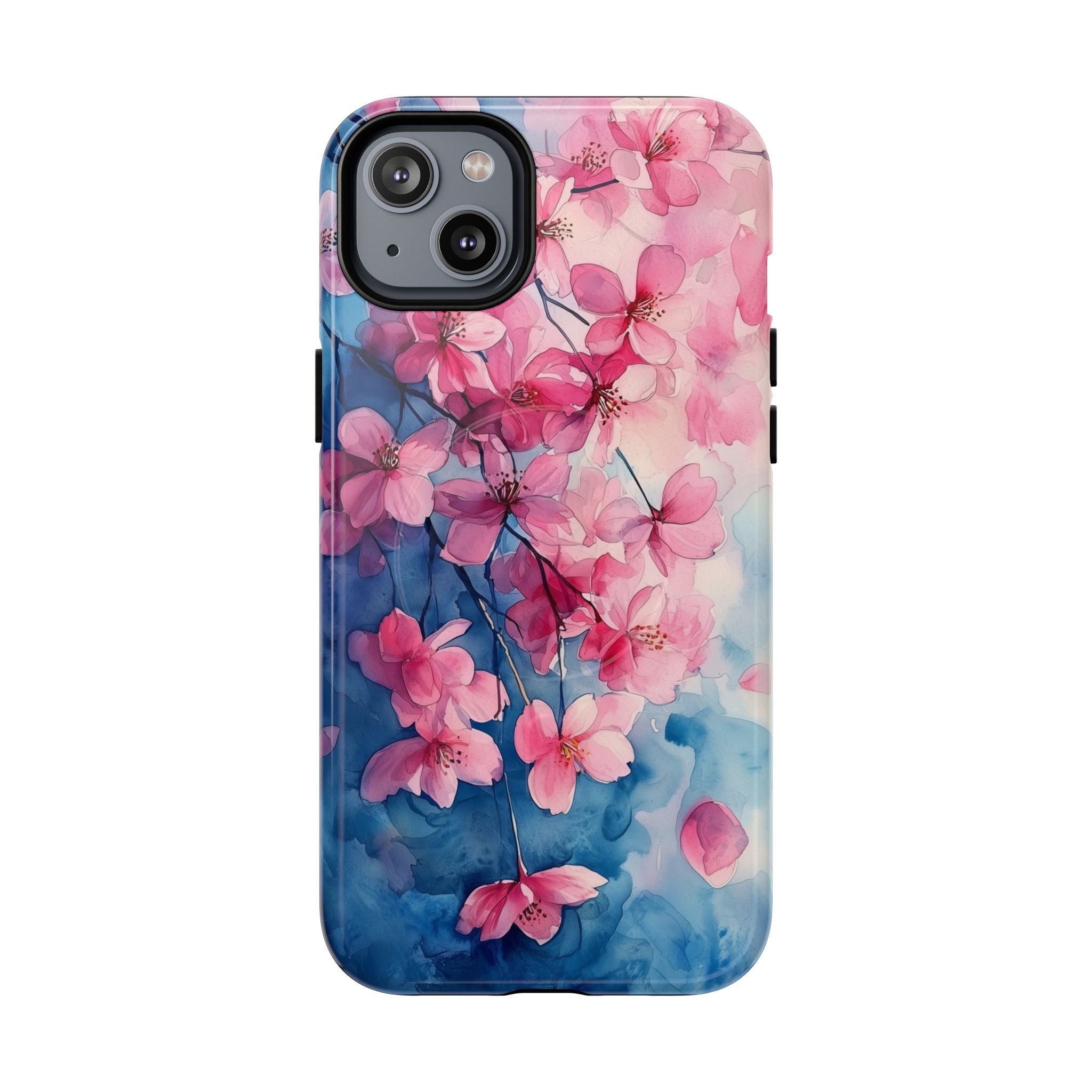 Custodia MagSafe per iPhone con motivo floreale di ciliegio in fiore | Acquerello rosa e blu