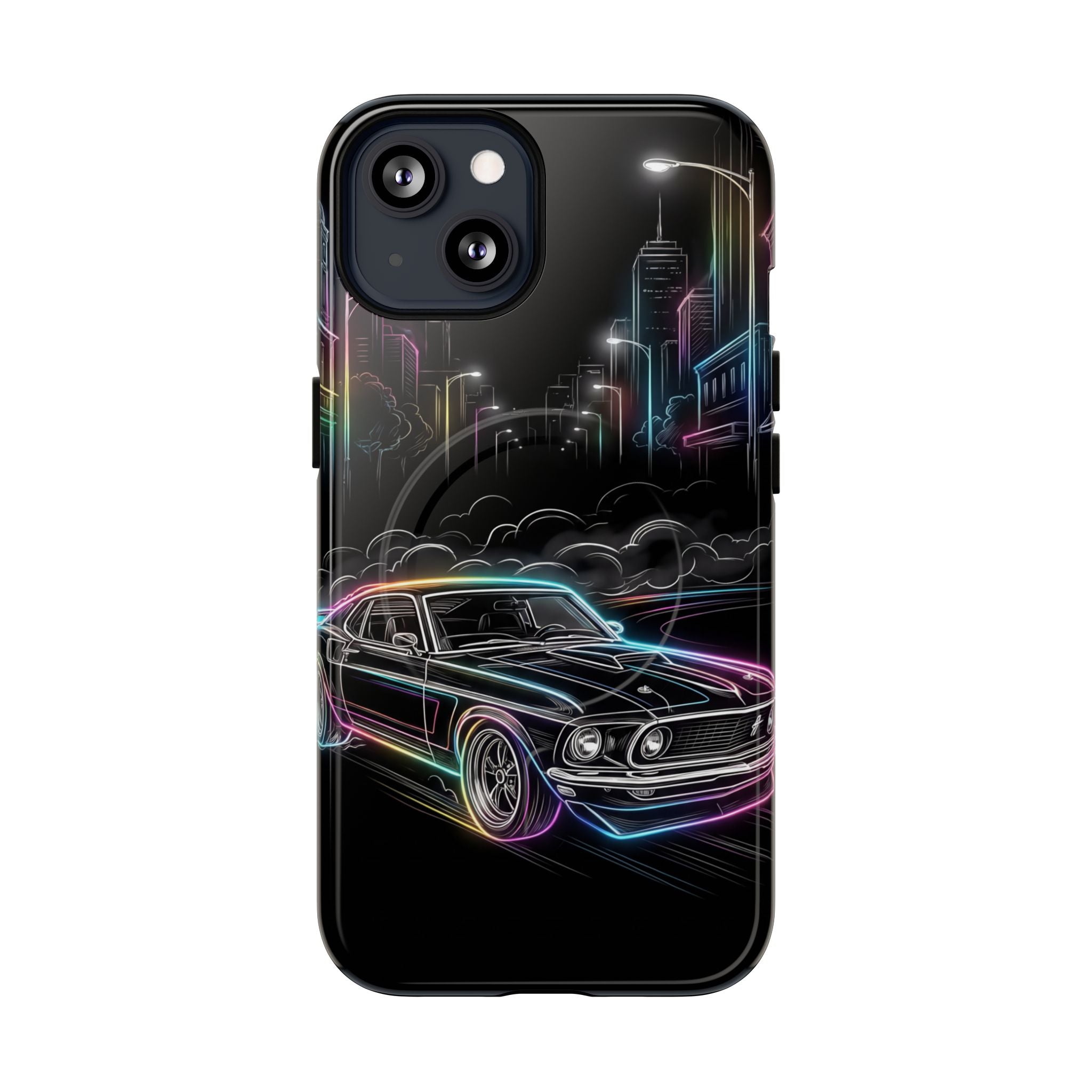 Neon Muscle Car MagSafe iPhone Case | Retro City Nightscape