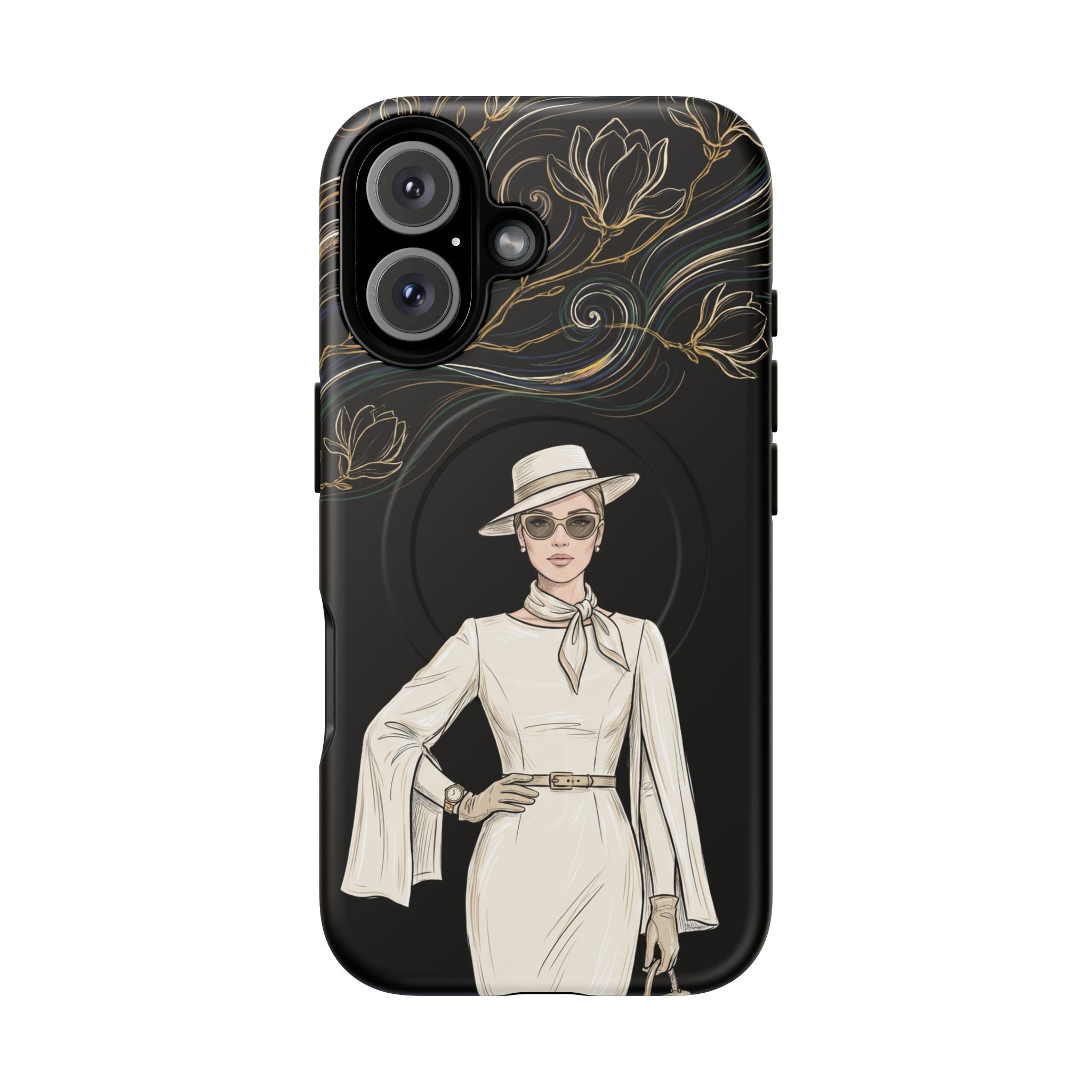 MagSafe iPhone Case | Elegant Vintage Lady with Gold Floral Swirls