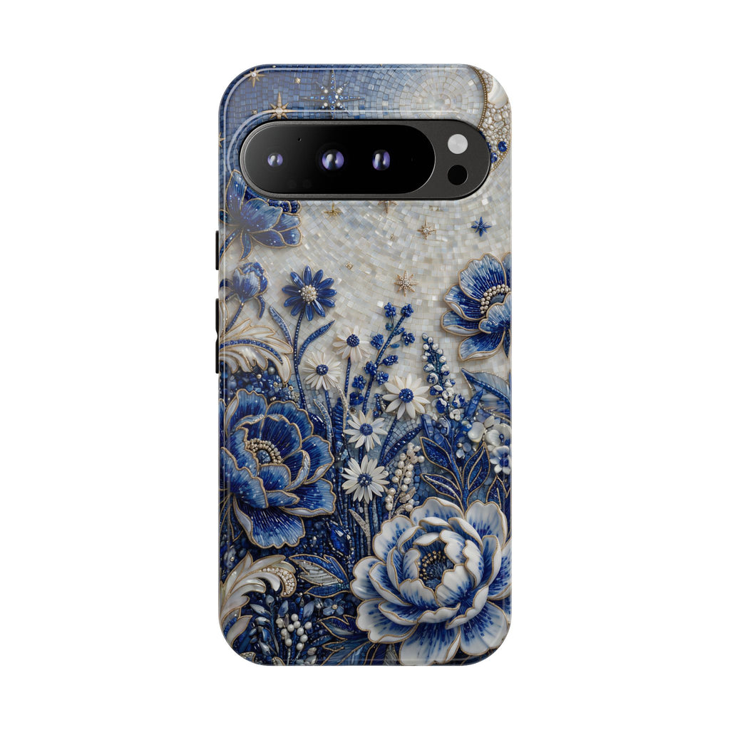 Blue Floral Moon Google Pixel Phone Case | Vintage Botanical Night Sky Protective Case