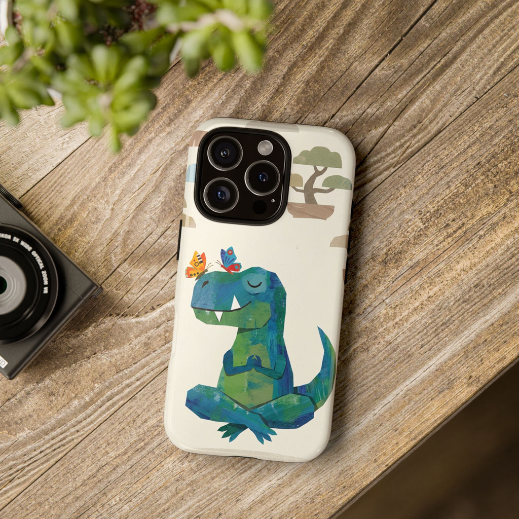 Meditating Dinosaur iPhone Case | Cute T-Rex with Butterflies and Bonsai