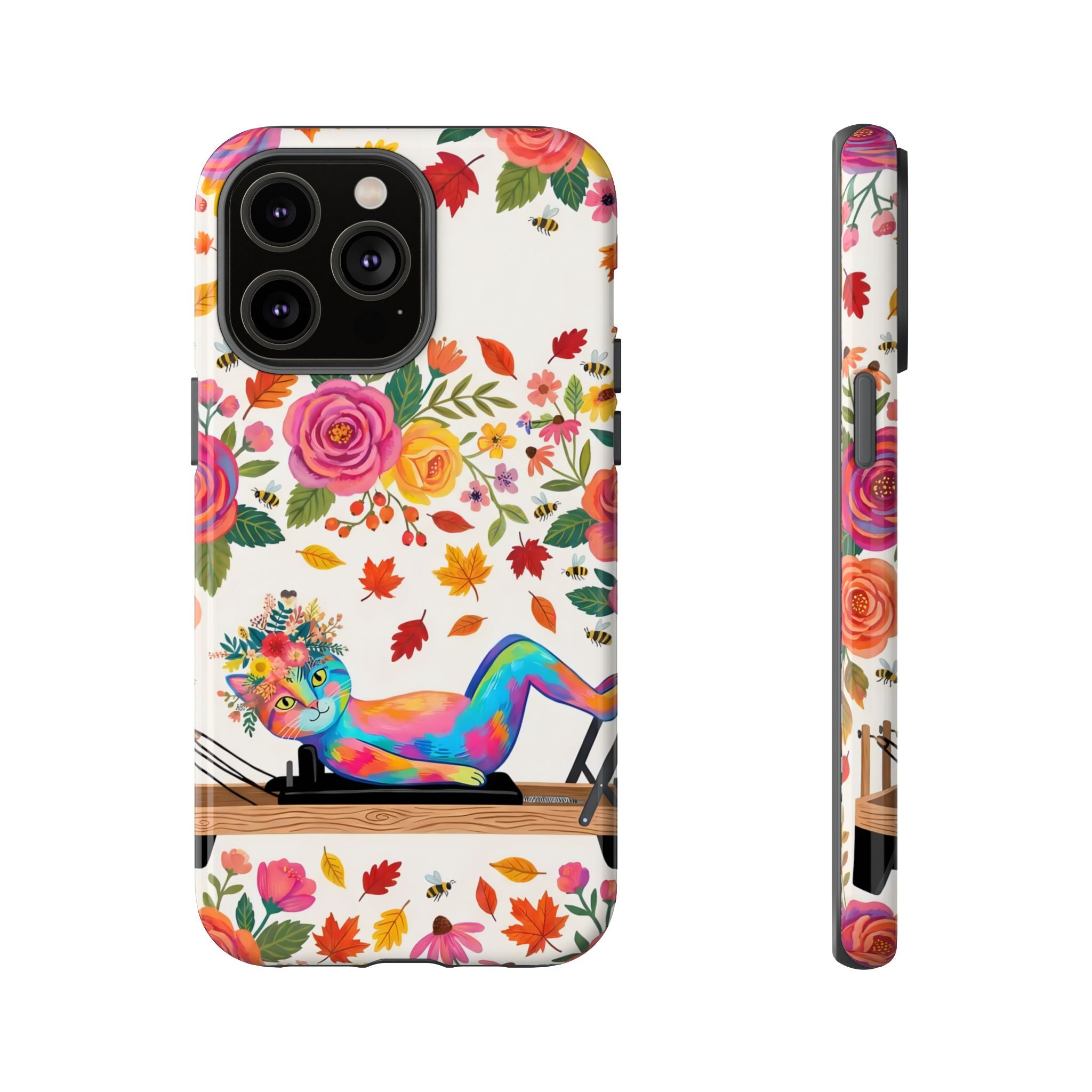 Autumn Floral Pilates iPhone Case | Colorful Rainbow Pilates Cat on Falling Leaves