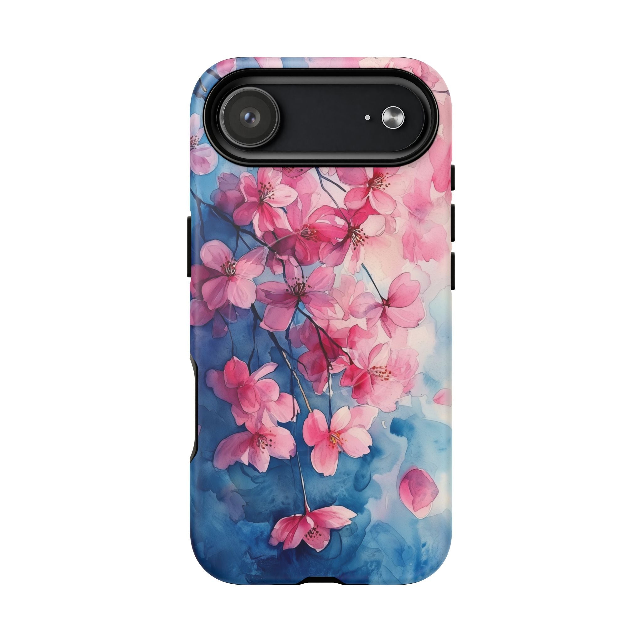 Custodia MagSafe per iPhone con motivo floreale di ciliegio in fiore | Acquerello rosa e blu