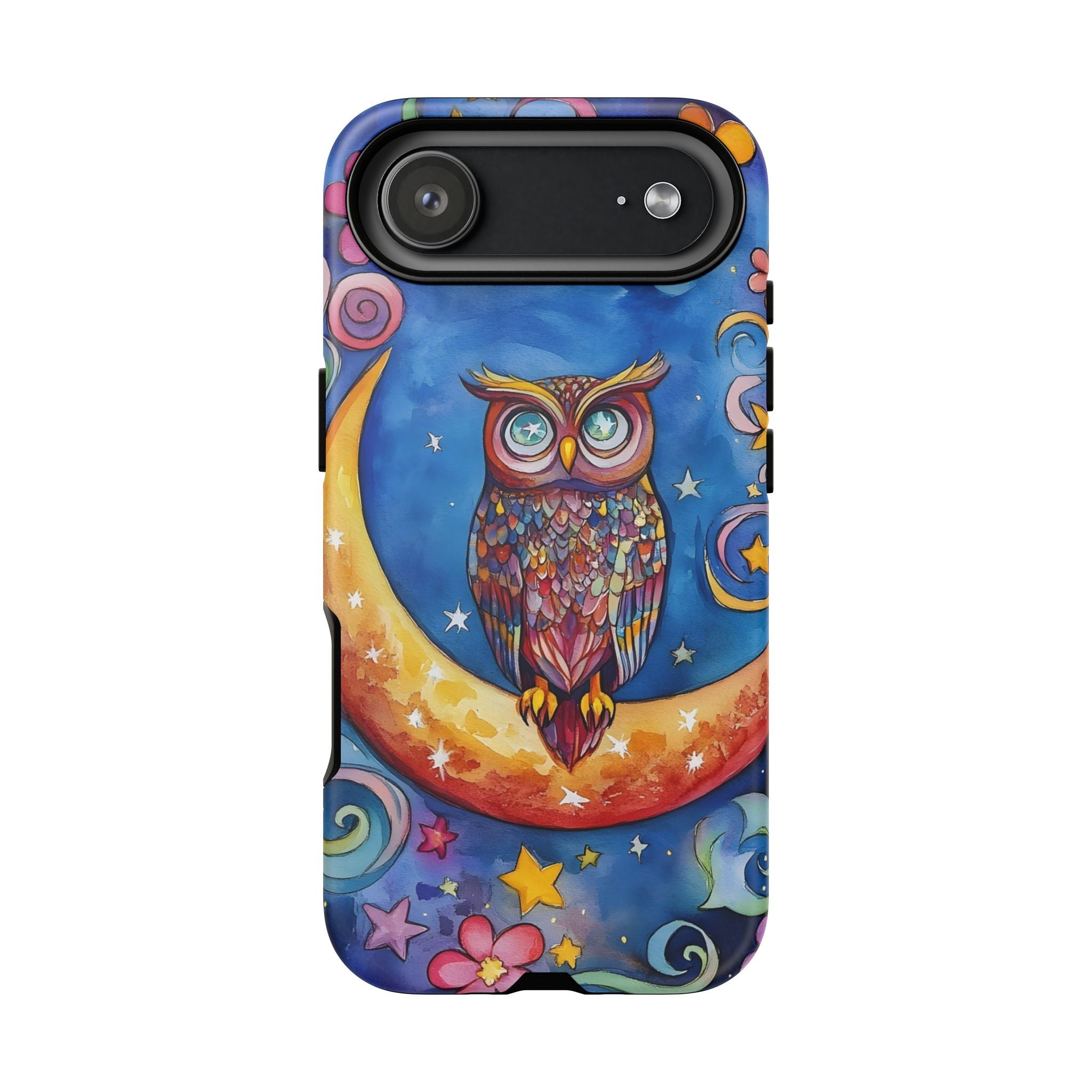 Owl on Crescent Moon iPhone Case — Colourful Whimsical Night Sky Design