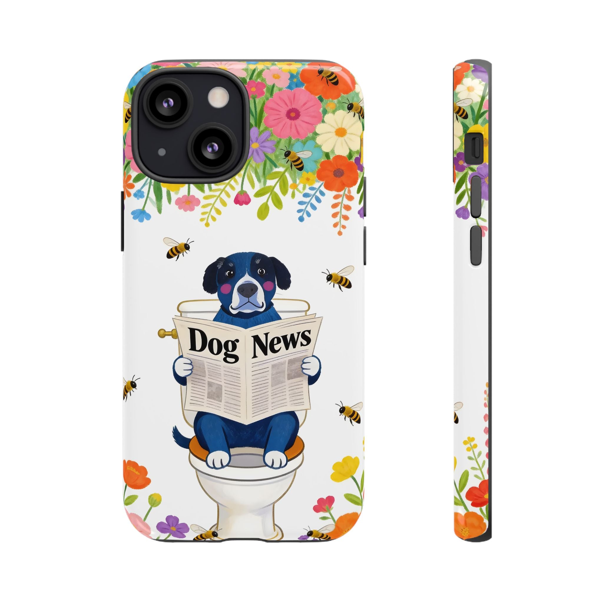 Dog News Floral iPhone Case | Cute Dog on Toilet Pattern, Spring Floral iPhone Cover