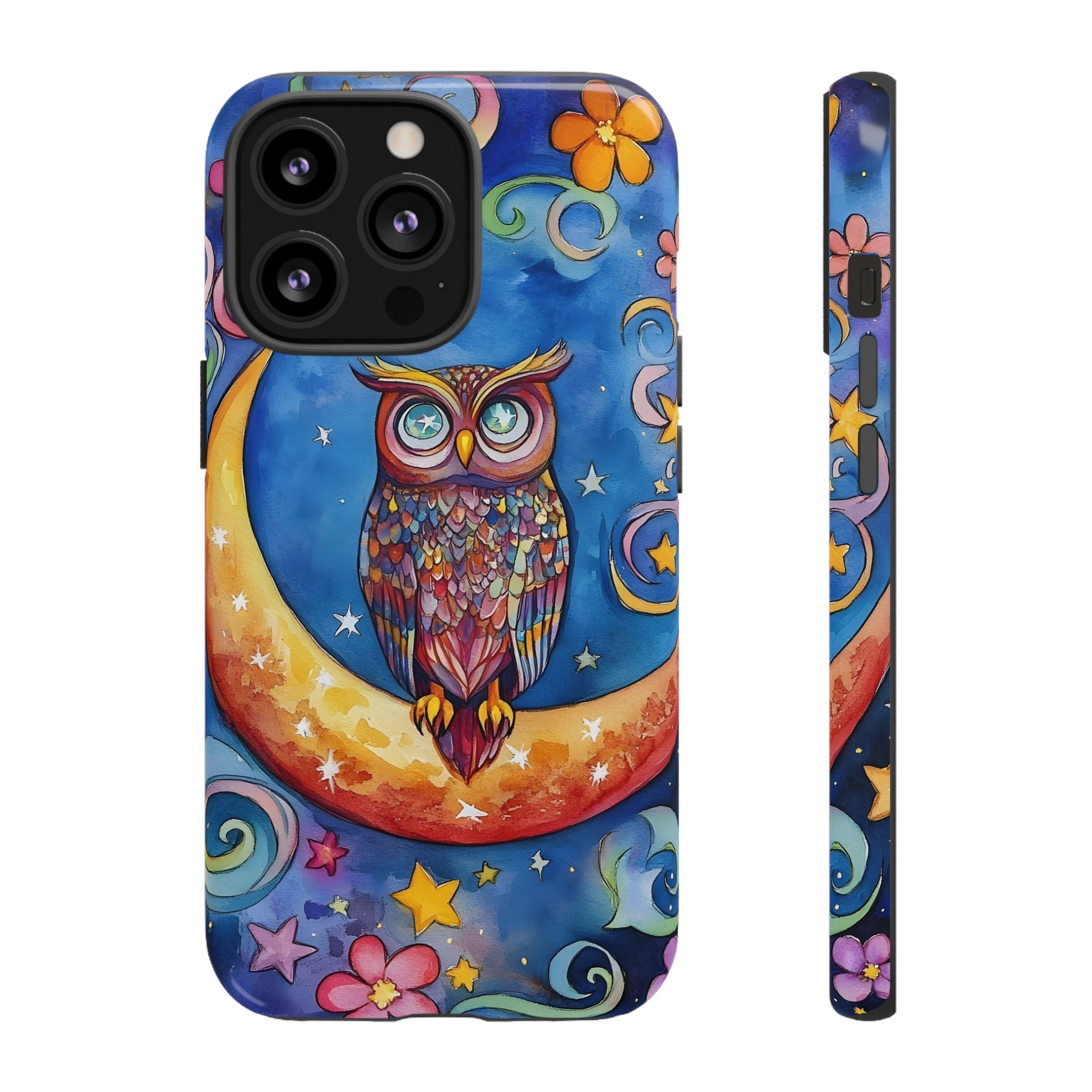Owl on Crescent Moon iPhone Case — Colourful Whimsical Night Sky Design